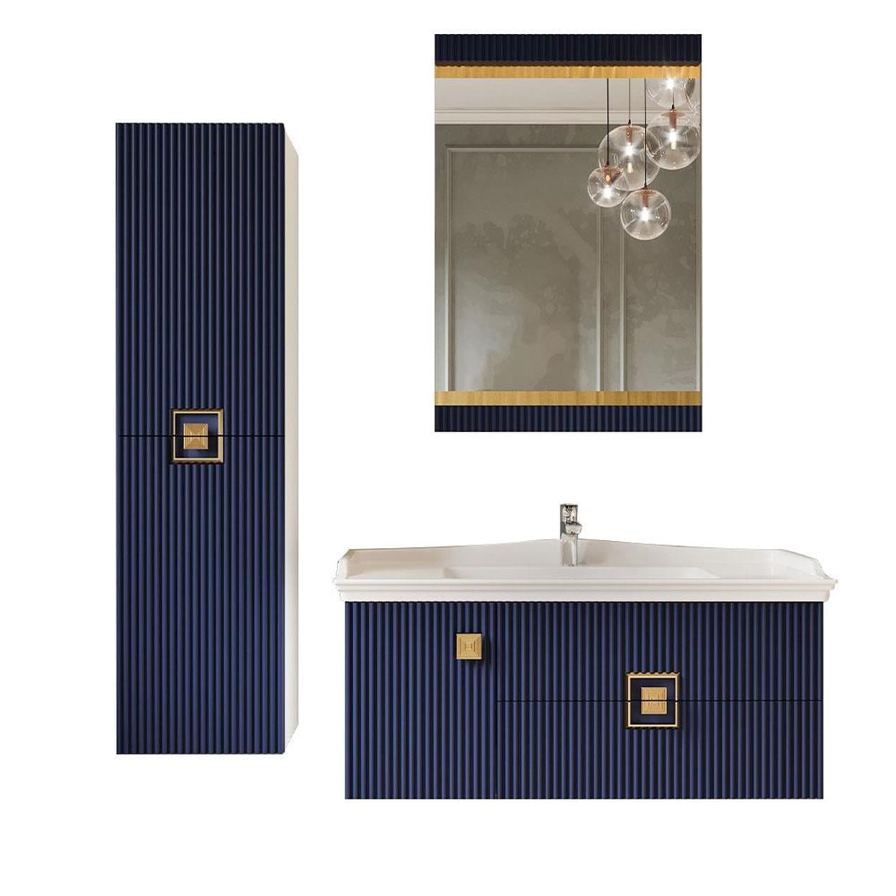 Denko Lennestad 100 cm MDF Mat Lacivert Banyo Dolabı Takımı ve Boy Dolabı