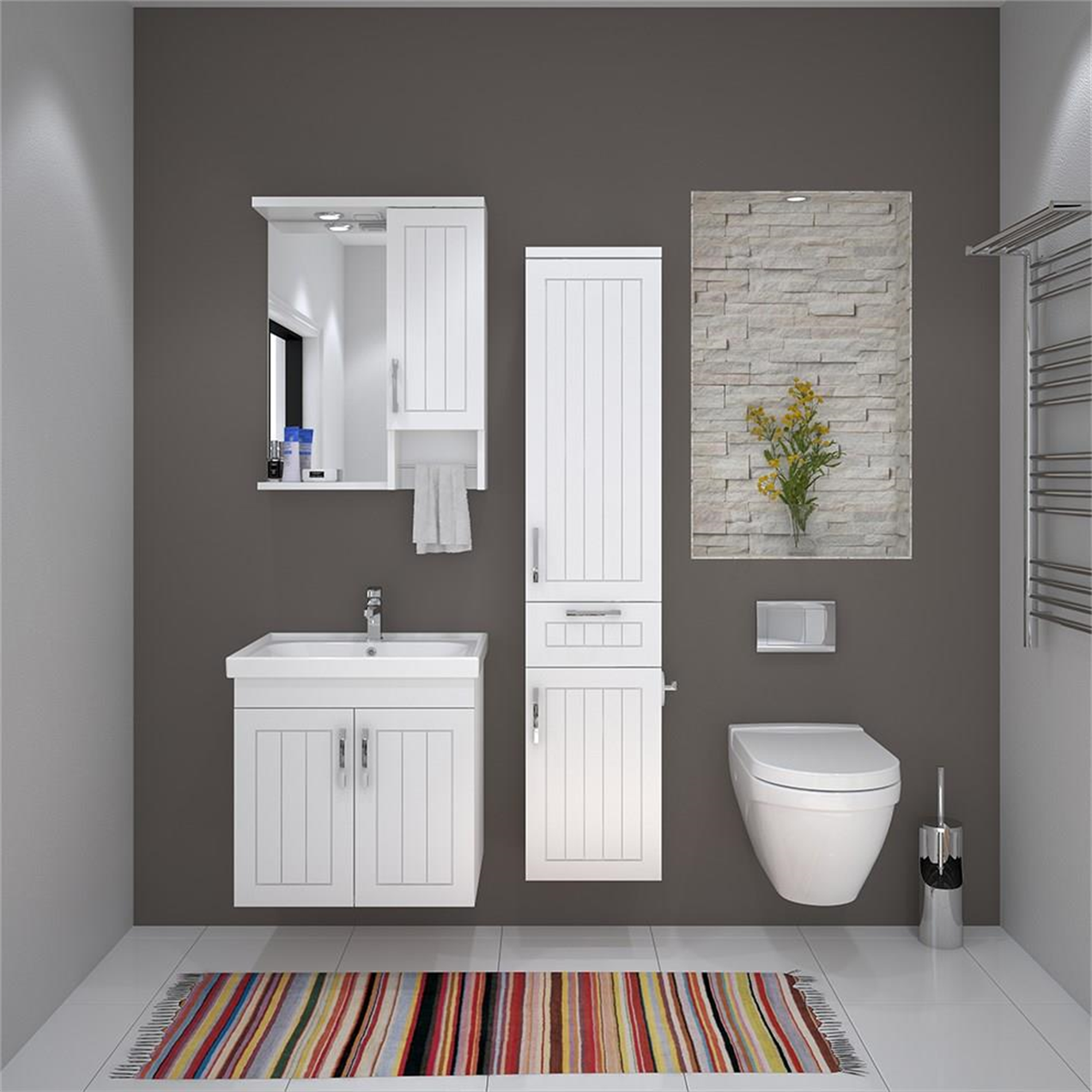 Denko Lotus 60 cm MDF Lake Banyo Dolabı Takımı ve Boy Dolabı
