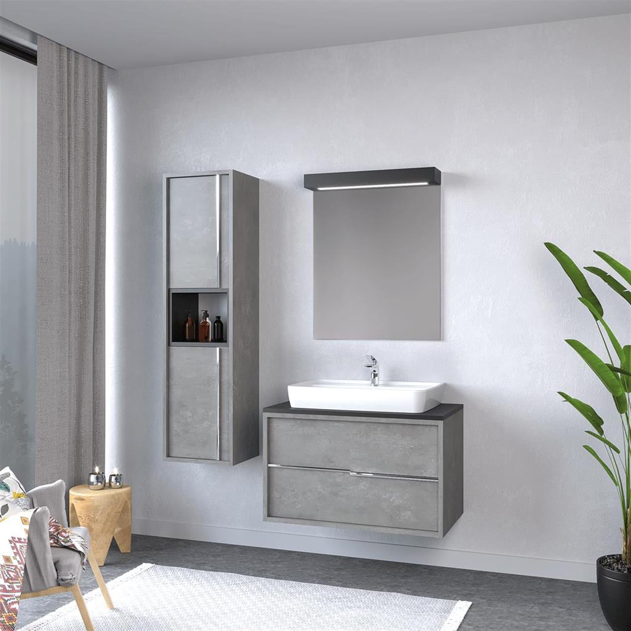 Denko Matia 80 cm MDF Retro Gümüş Banyo Dolabı Takımı ve Boy Dolabı