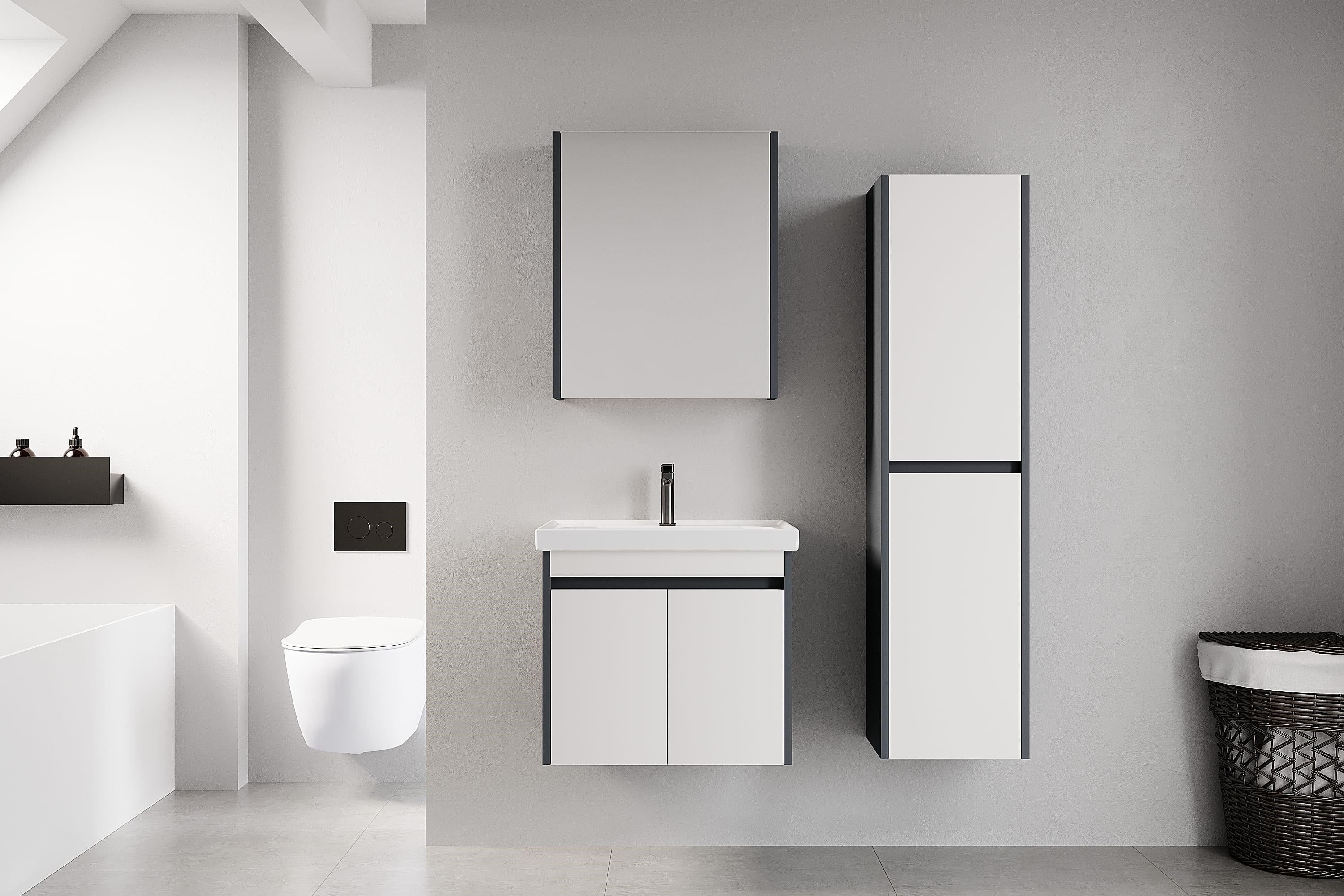 Denko Milano 60 cm MDF Antrasit Beyaz Banyo Dolabı Takımı ve Boy Dolabı