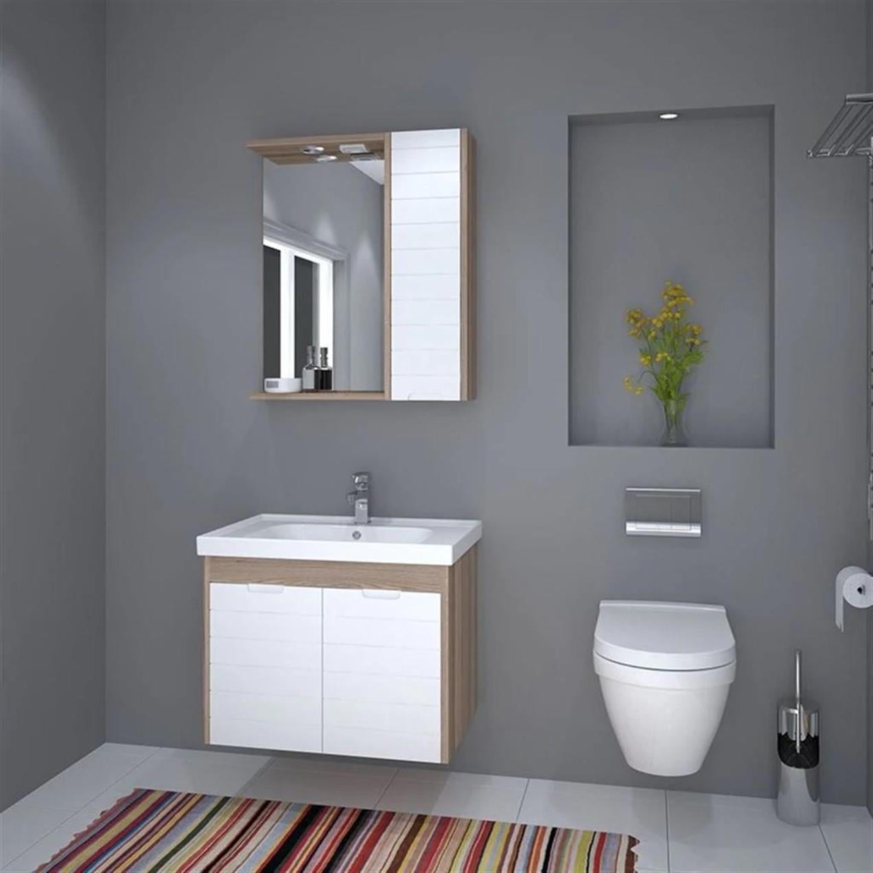 Denko Mostar 70 cm MDF Beyaz Banyo Dolabı Takımı ve Boy Dolabı