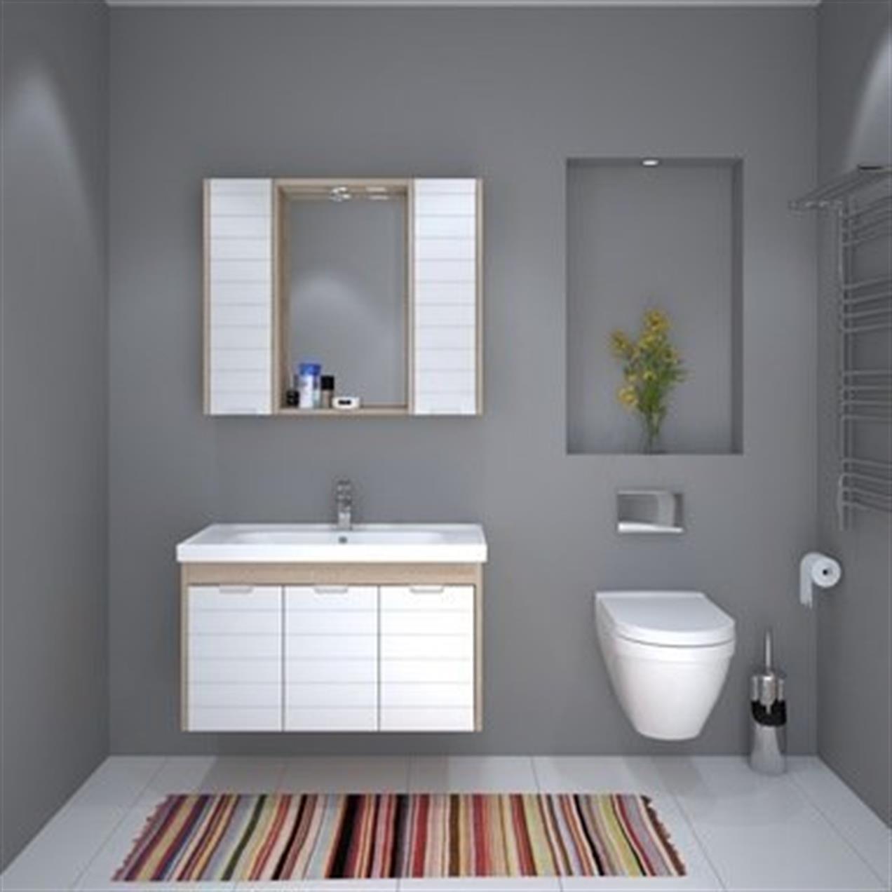 DENKO Mostar 90 cm Beyaz MDF Lake Banyo Dolabı Takımı
