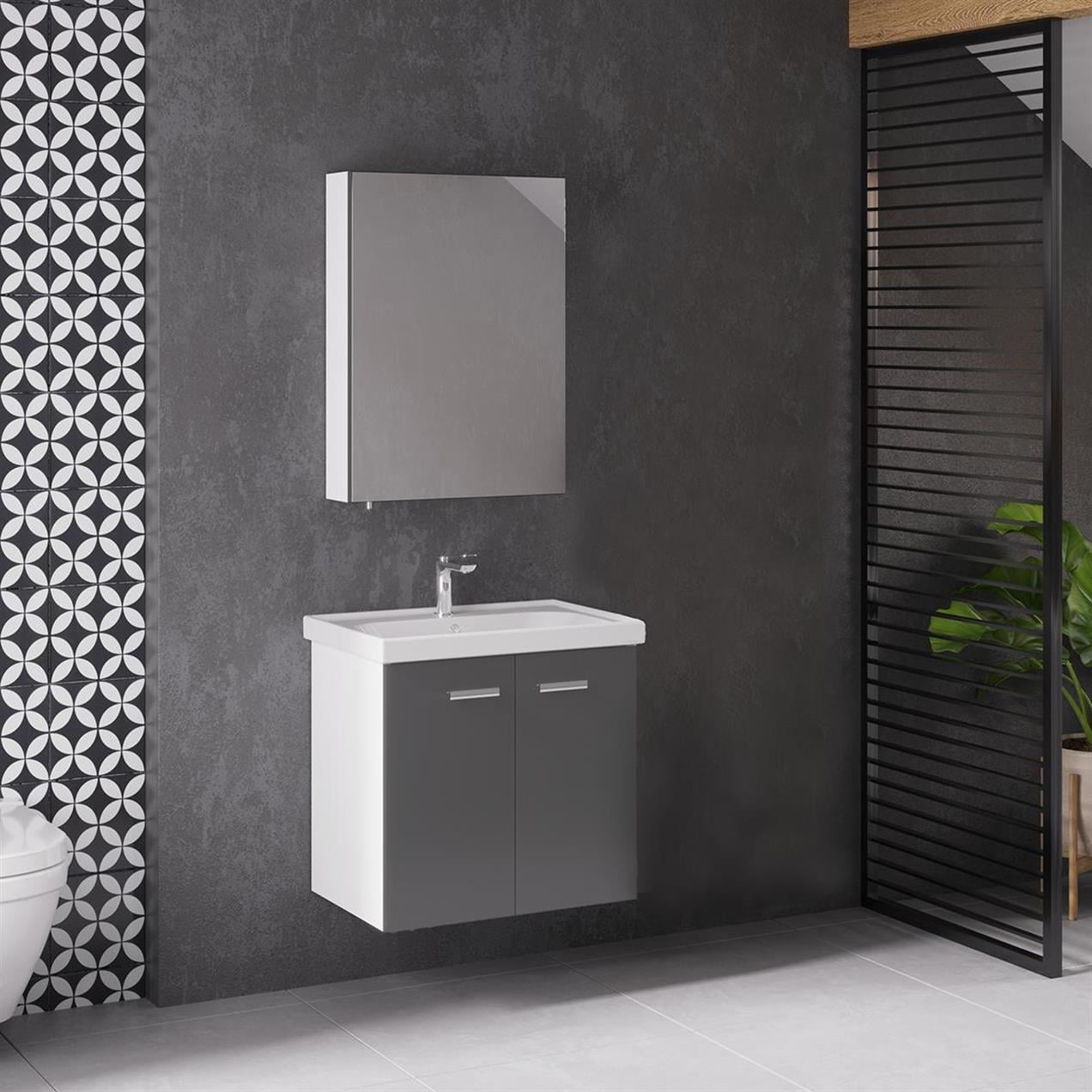 Denko Terra 60 cm MDF Antrasit Gri Banyo Dolabı Takımı