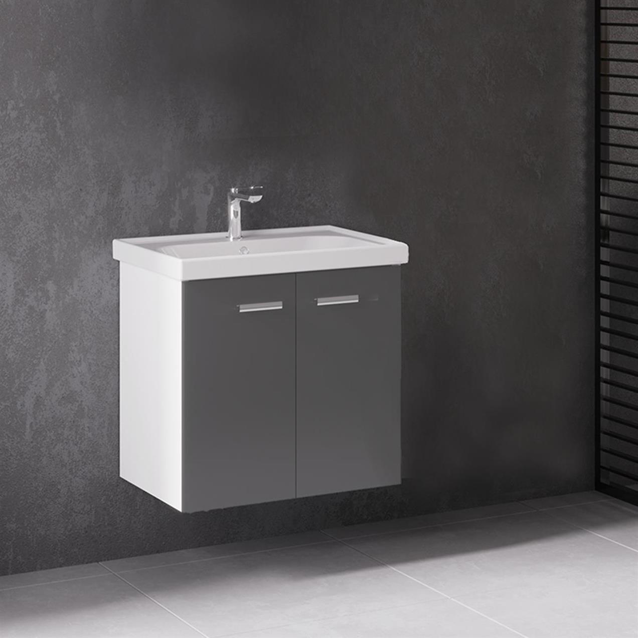 Denko Terra 65 cm MDF Antrasit Gri Banyo Dolabı Alt Modül, Lavabo