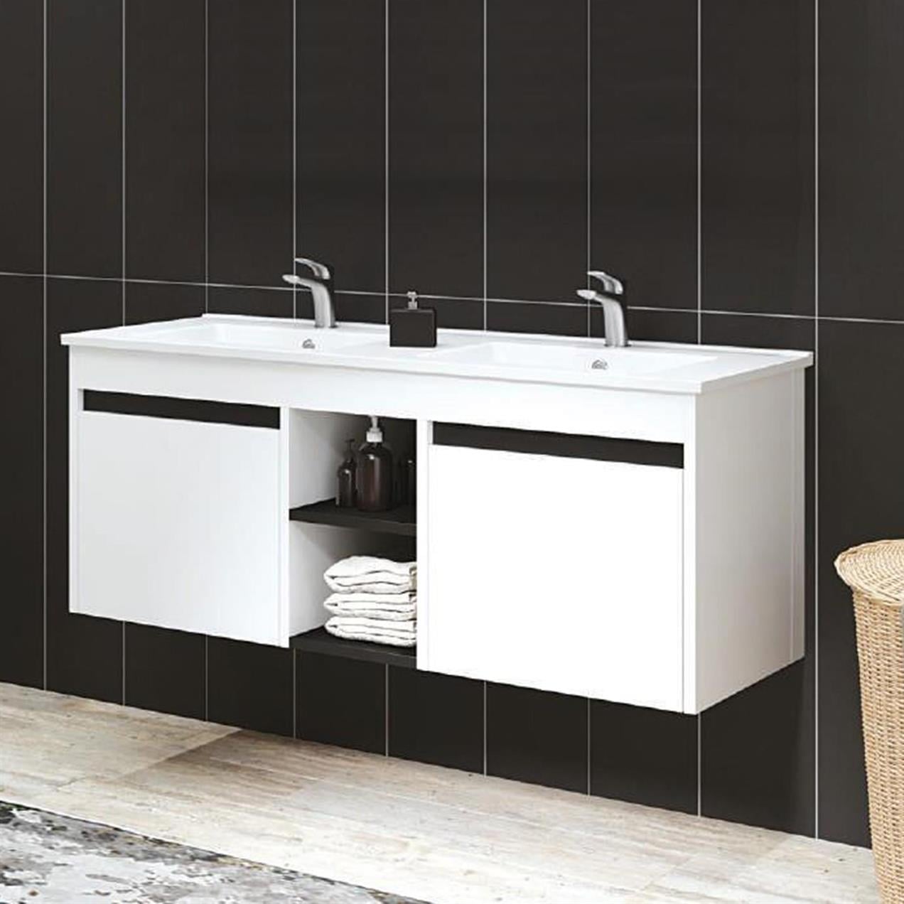 Denko Twin 120 cm MDF Beyaz Banyo Dolabı Alt Modül ve Lavabo