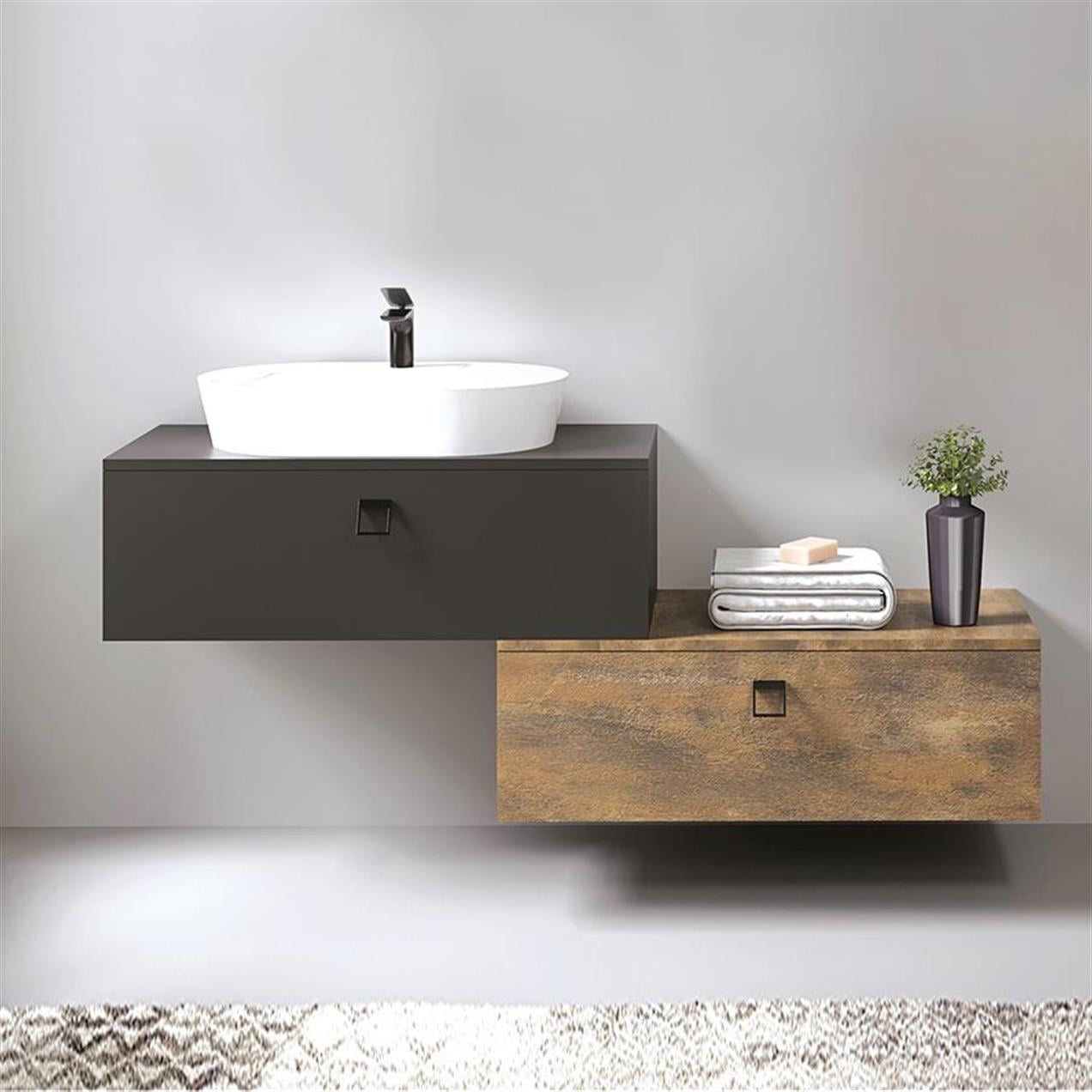 Denko Verona 150 cm MDF Bronz-Gri Banyo Dolabı Alt Modül, Lavabo