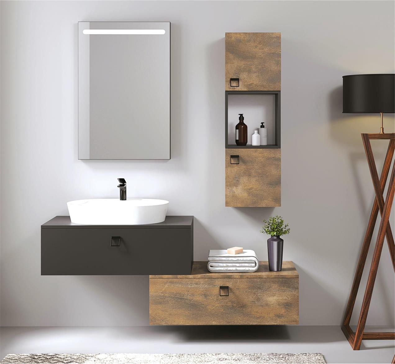 Denko Verona 150 cm MDF Bronz-Gri Banyo Dolabı Takımı ve Boy Dolabı