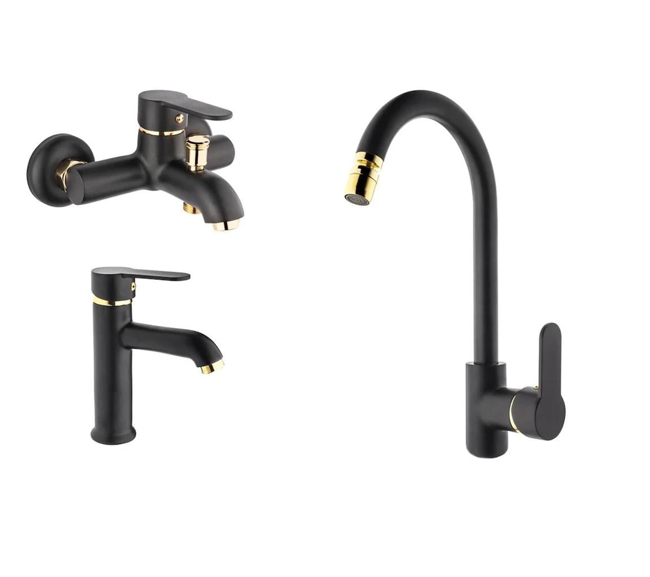 Gms Zirve Siyah Altın Banyo, Eviye, Lavabo Batarya Seti