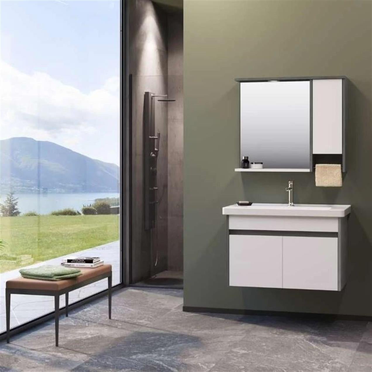 Orka Aydos 65 cm MDF Retro Gümüş/Beyaz Banyo Dolabı Takımı