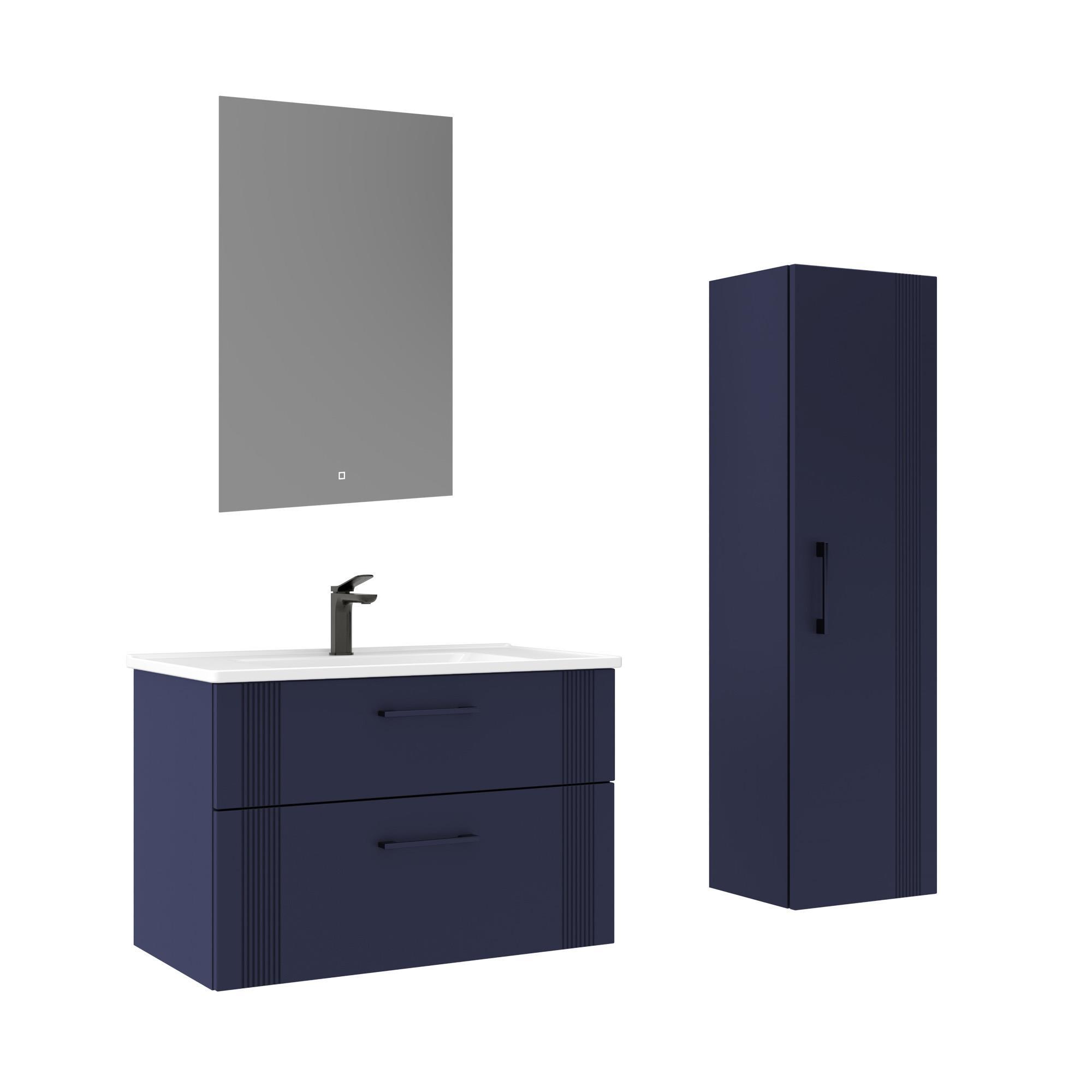 Orka Bari 85 cm Mat Lacivert LED'li Aynalı Banyo Dolabı Takımı ve Boy Dolabı