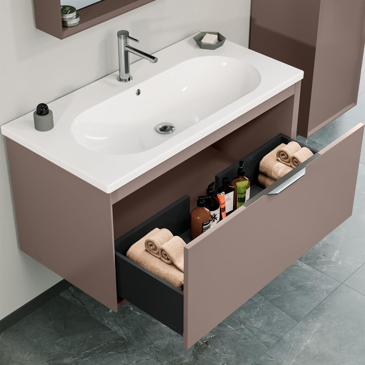 Orka Clay 100 cm MDF Toprak Banyo Dolabı Alt Modül ve Lavabo