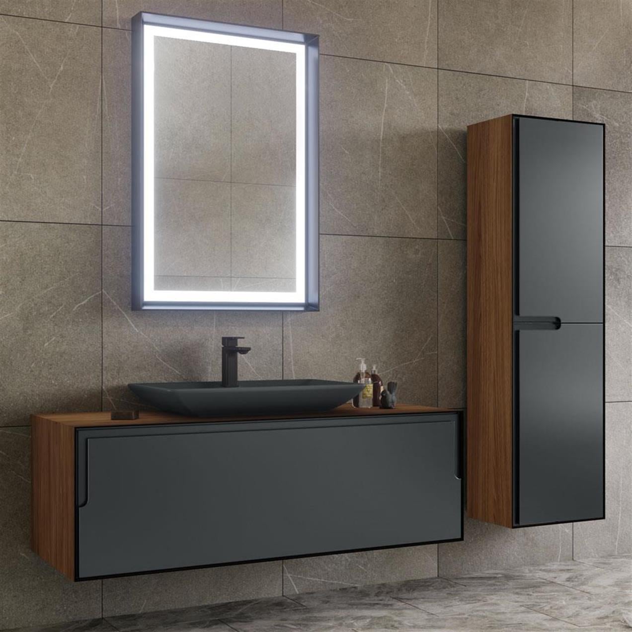 Orka Craft 120cm Ceviz-Antrasit Banyo Dolabı ve Boy Dolabı Takımı