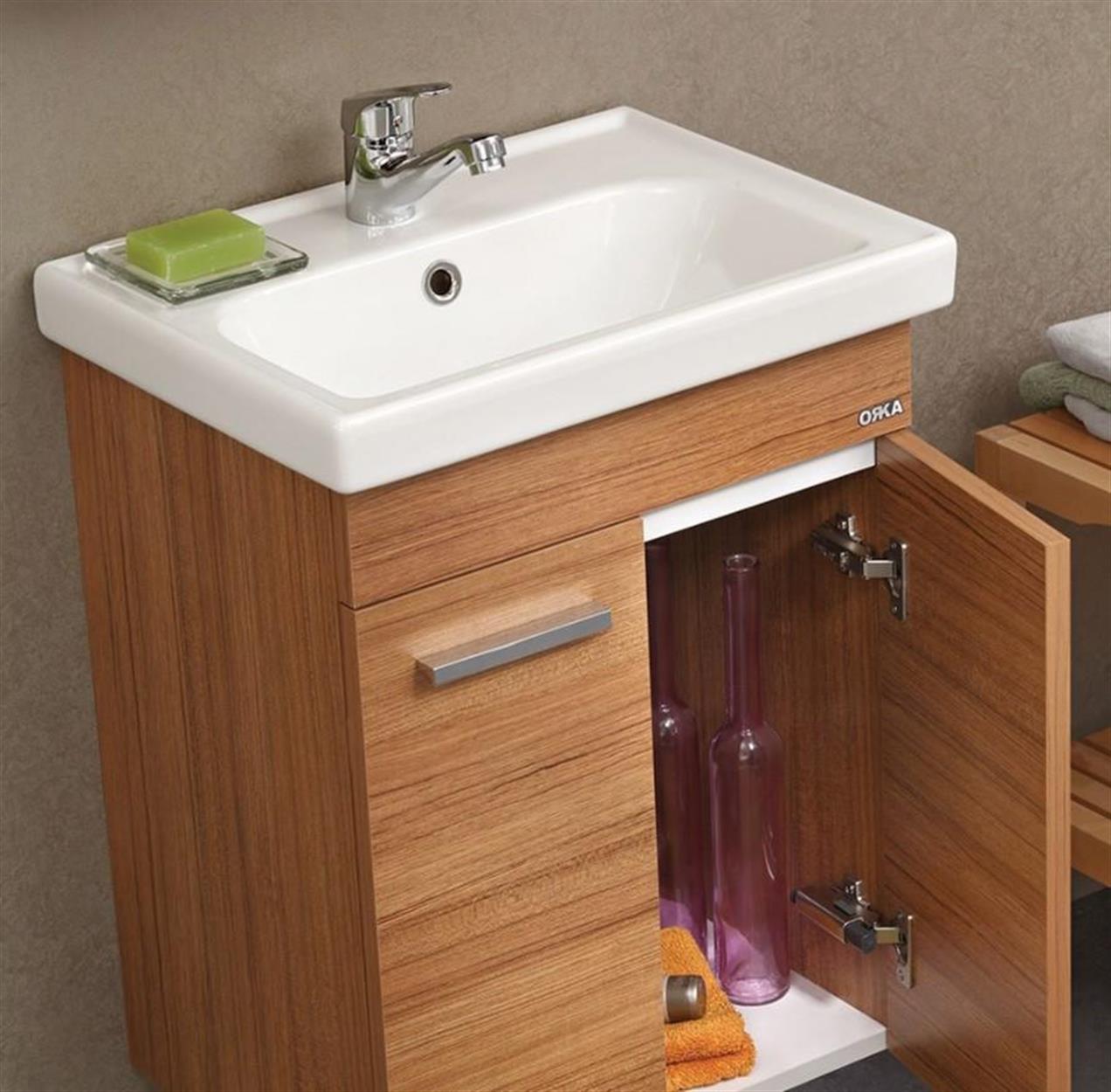 Orka Enez 55 cm MDF Teak Banyo Dolabı Alt Modül ve Lavabo