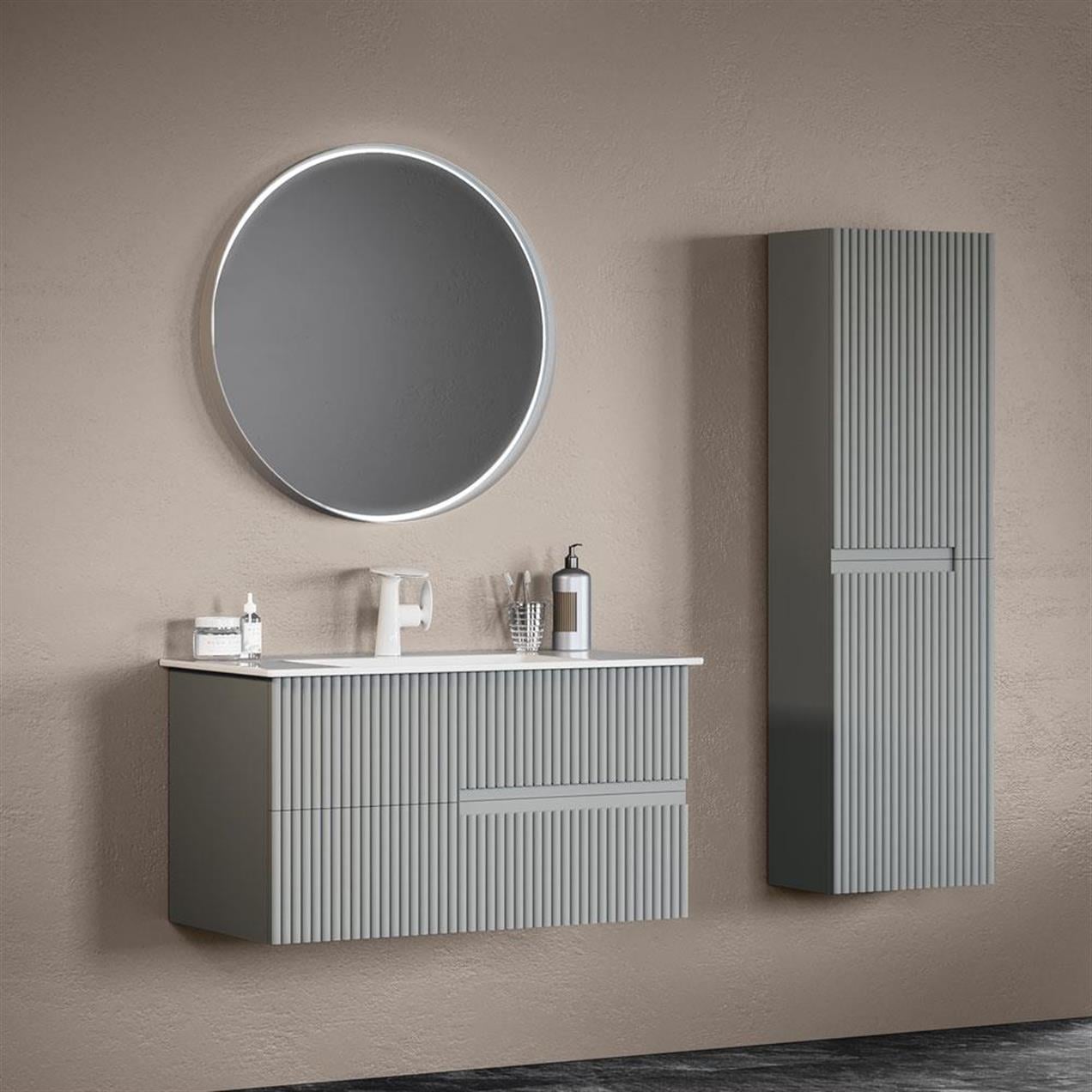 Orka Moonlight 90 cm MDF Mat Gri Banyo Dolabı ve Boy Dolabı Takımı