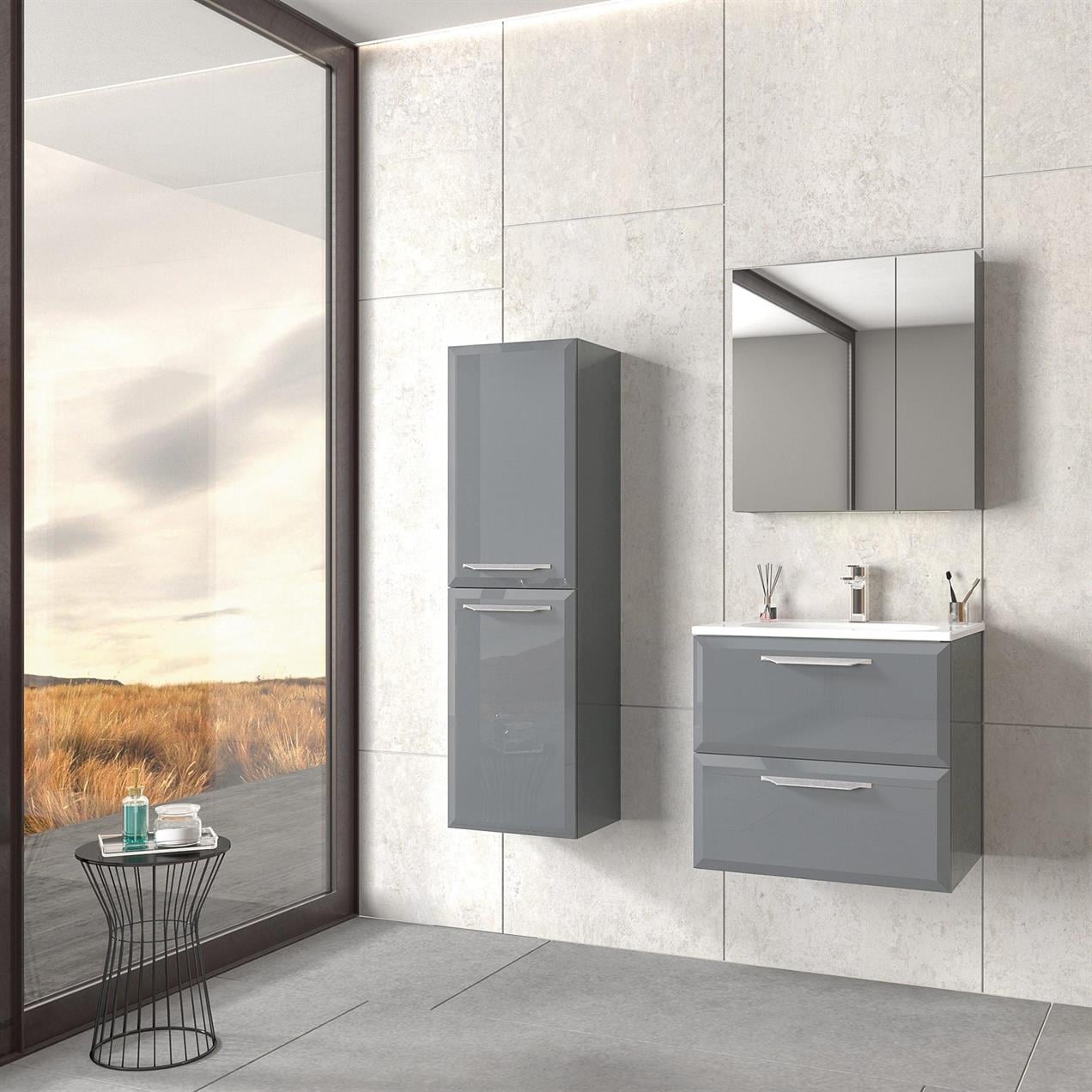 Orka Nuvola 65 cm MDF Parlak Gri Banyo Dolabı Takımı ve Boy Dolabı