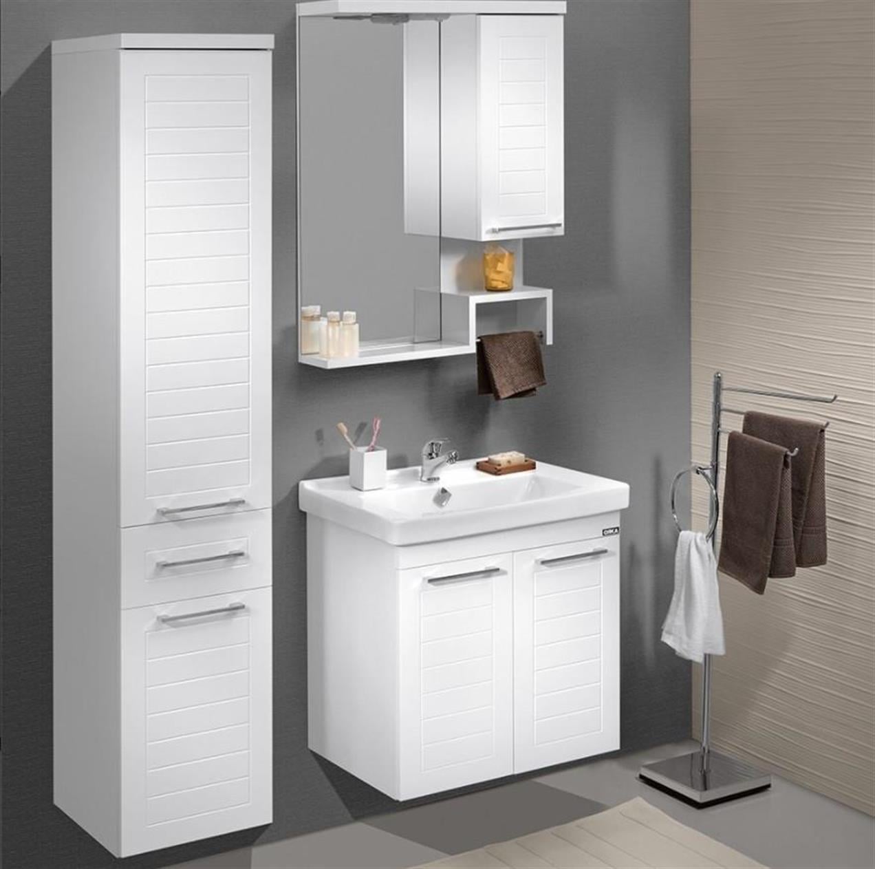 Orka Perge 65 cm MDF Beyaz Banyo Dolabı Takımı ve Boy Dolabı
