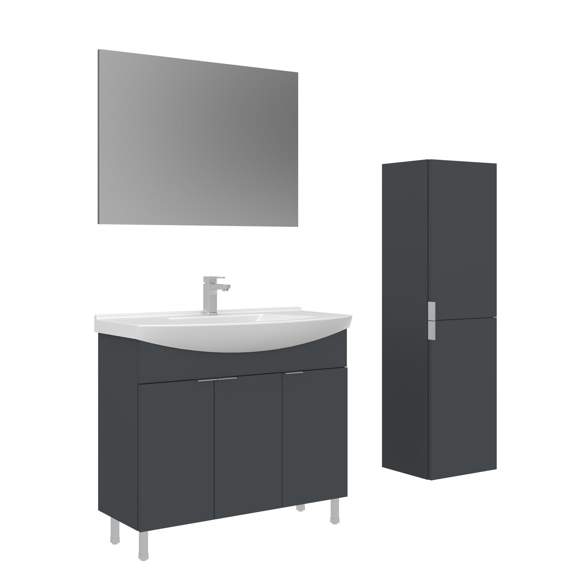 Orka Purus 100 cm Mat Antrasit Düz Aynalı Banyo Dolabı Takımı ve Boy Dolabı (Ayaklı)