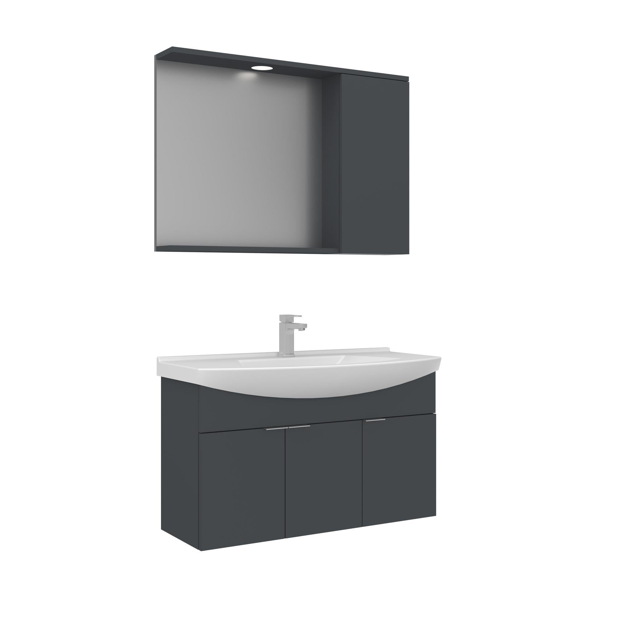 Orka Purus 100 cm Mat Antrasit Spot Aynalı Banyo Dolabı Takım (Asma)