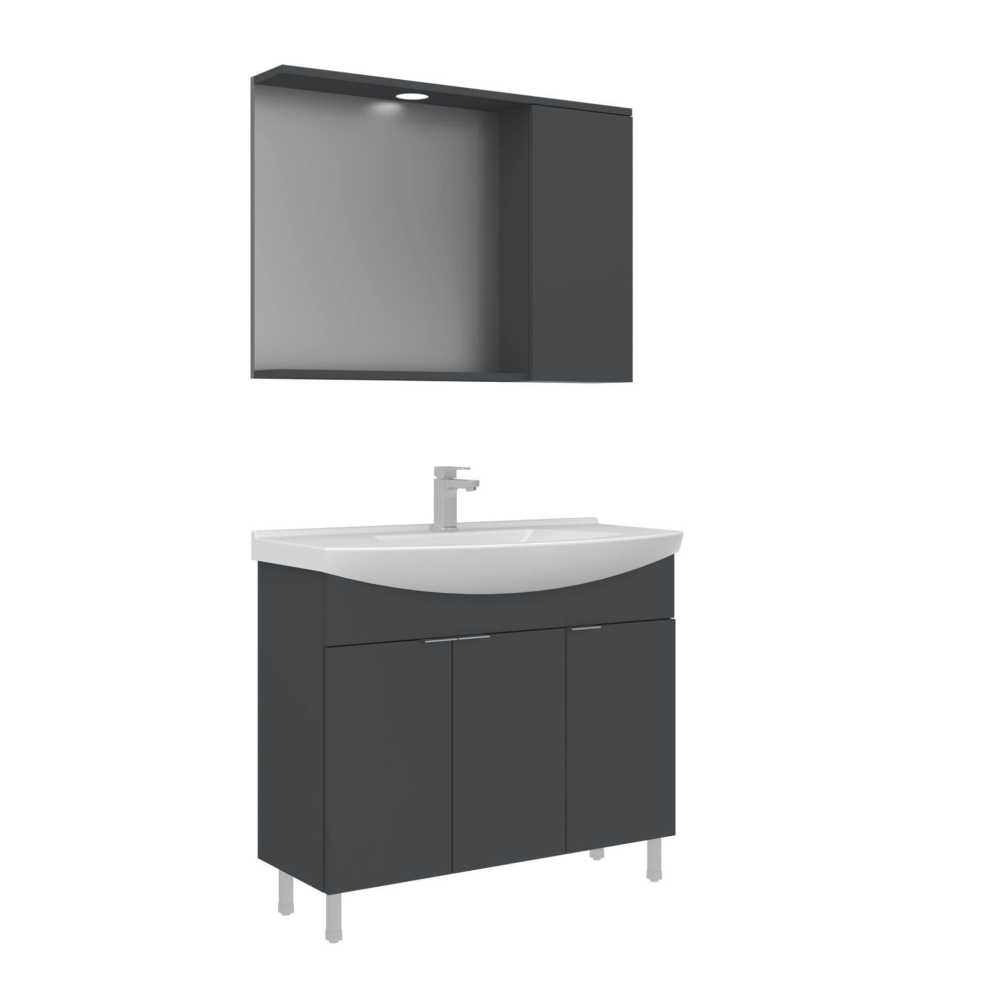 Orka Purus 100 cm Mat Antrasit Spot Aynalı Banyo Dolabı Takım (Ayaklı)
