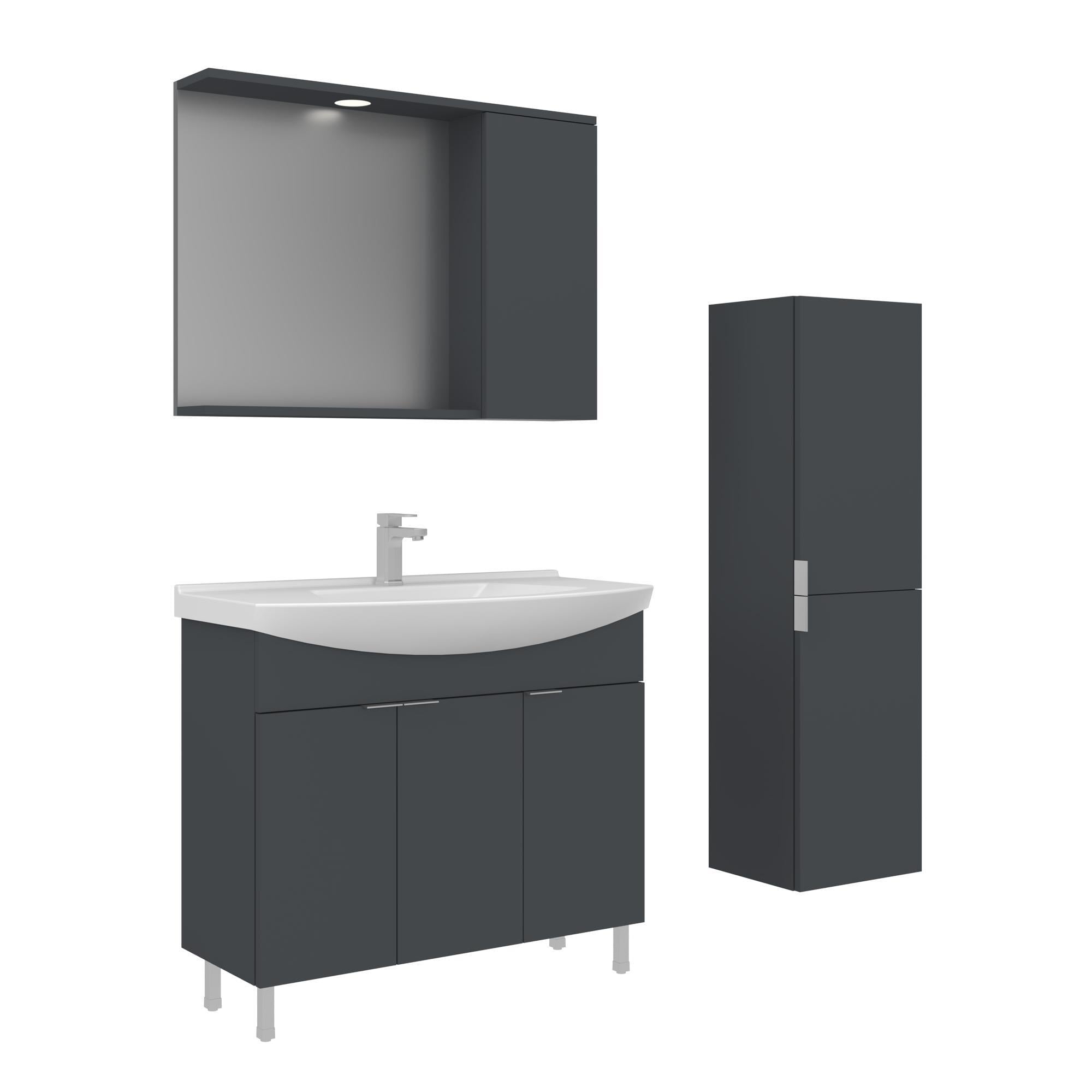 Orka Purus 100 cm Mat Antrasit Spot Aynalı Banyo Dolabı Takım ve Boy Dolabı (Ayaklı)