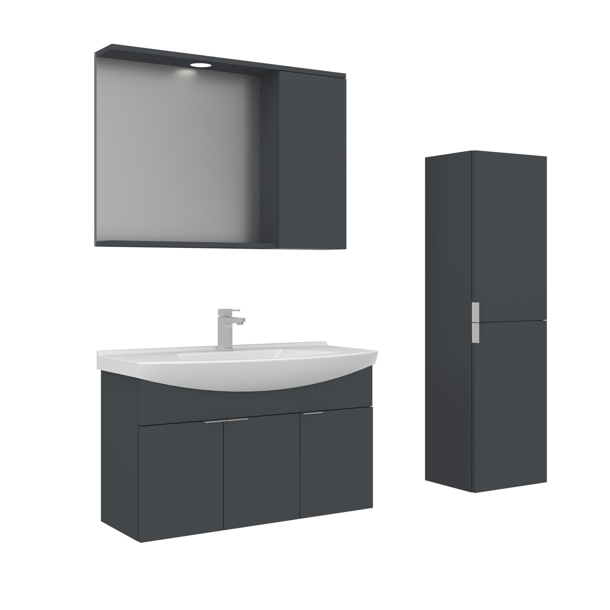 Orka Purus 100 cm Mat Antrasit Spot Aynalı Banyo Dolabı Takım ve Boy Dolabı (Asma)