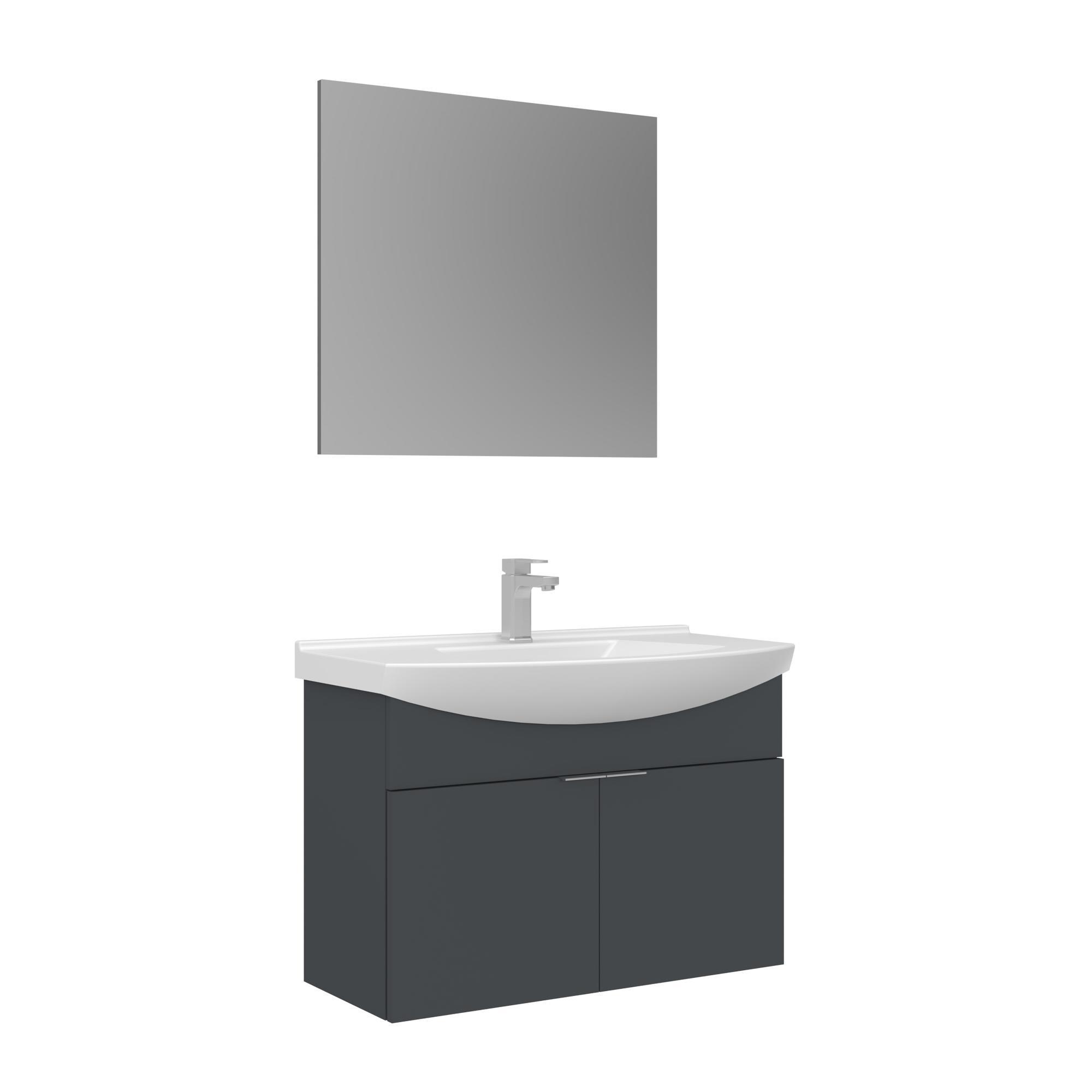 Orka Purus 80 cm Mat Antrasit Düz Aynalı Banyo Dolabı Takımı (Asma)