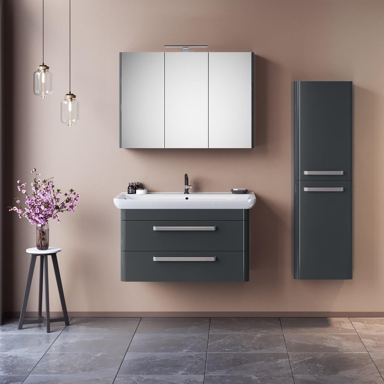 Orka Rose 100 cm MDF Parlak Gri Banyo Dolabı Takımı ve Boy Dolabı