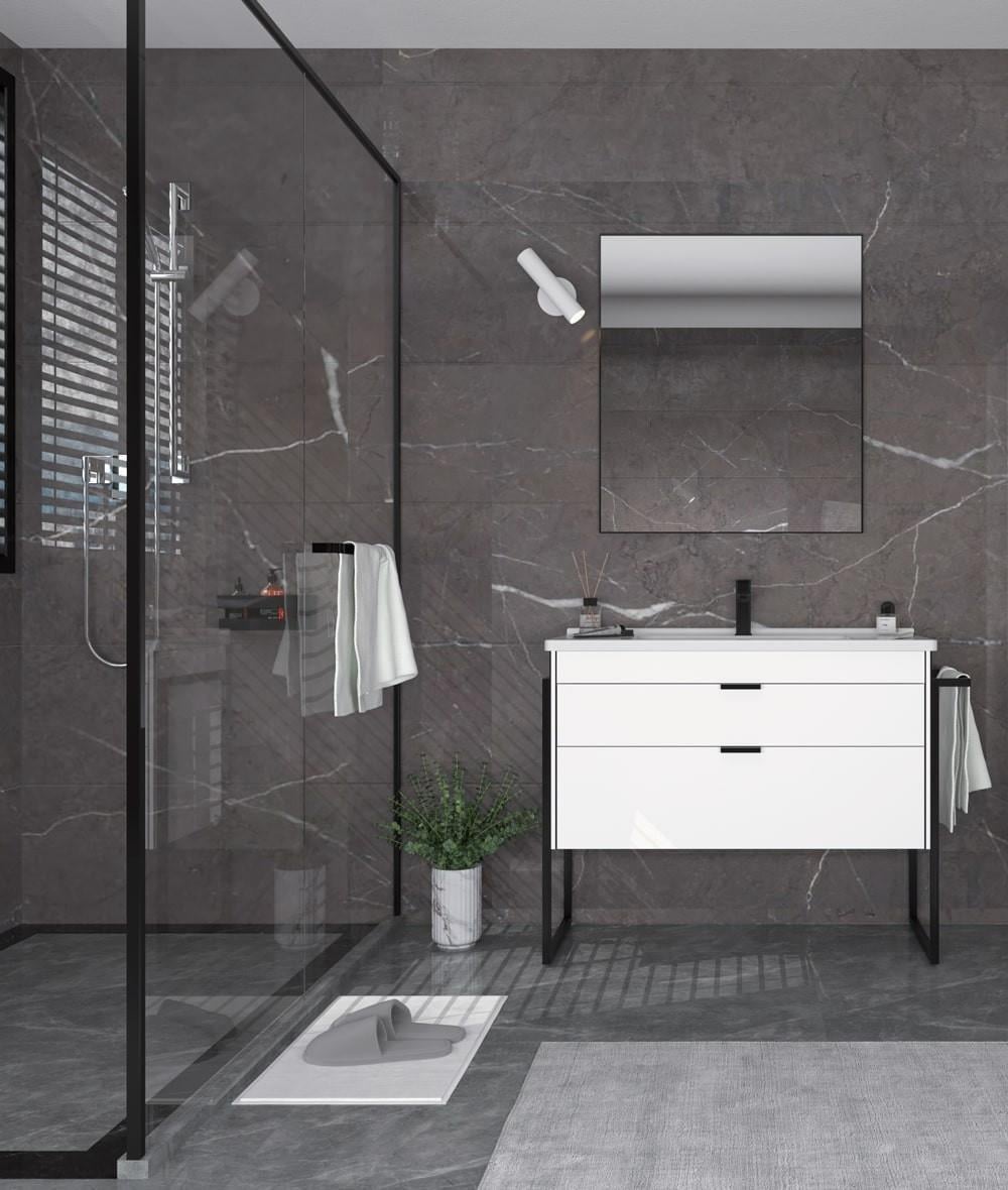 Orka Trio 80 cm MDF Çekmeceli Beyaz Ayaklı Banyo Dolabı Takımı