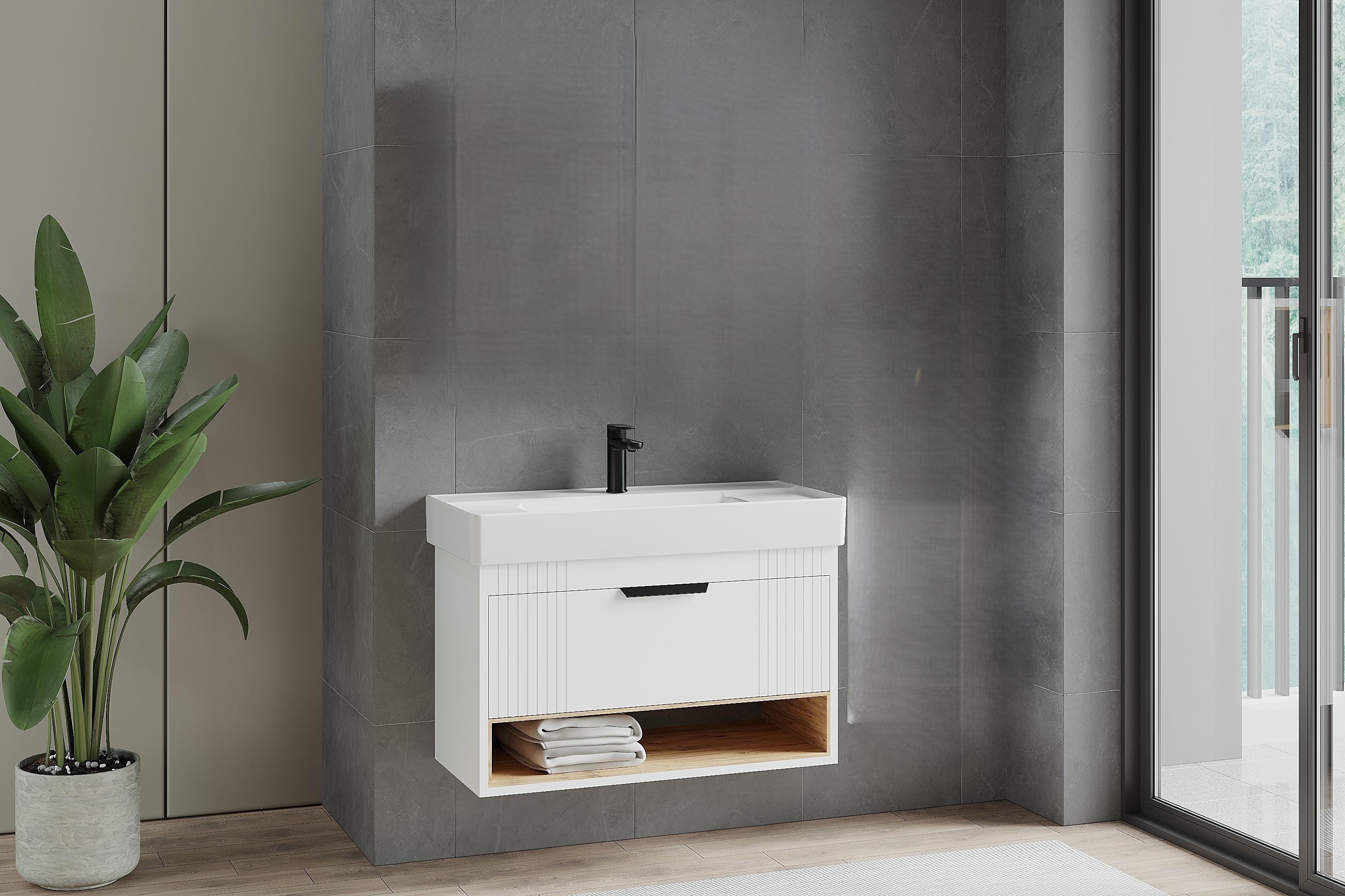 Denko Berlin 85 cm Beyaz Lake Banyo Dolabı (Alt Modül Lavabo)