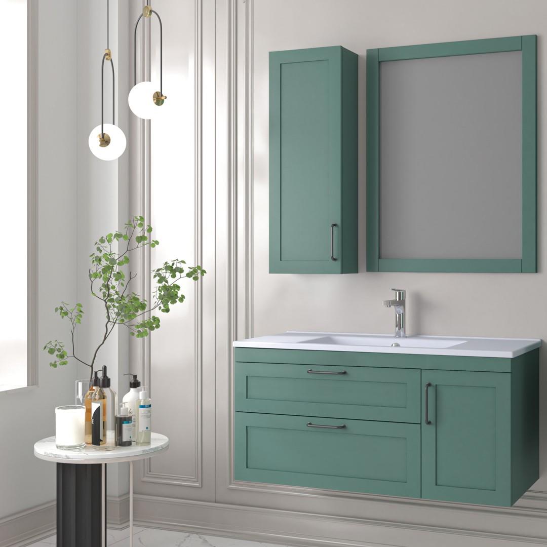 Denko Beyoğlu 100 cm MDF Mat Yeşil Banyo Dolabı Takımı