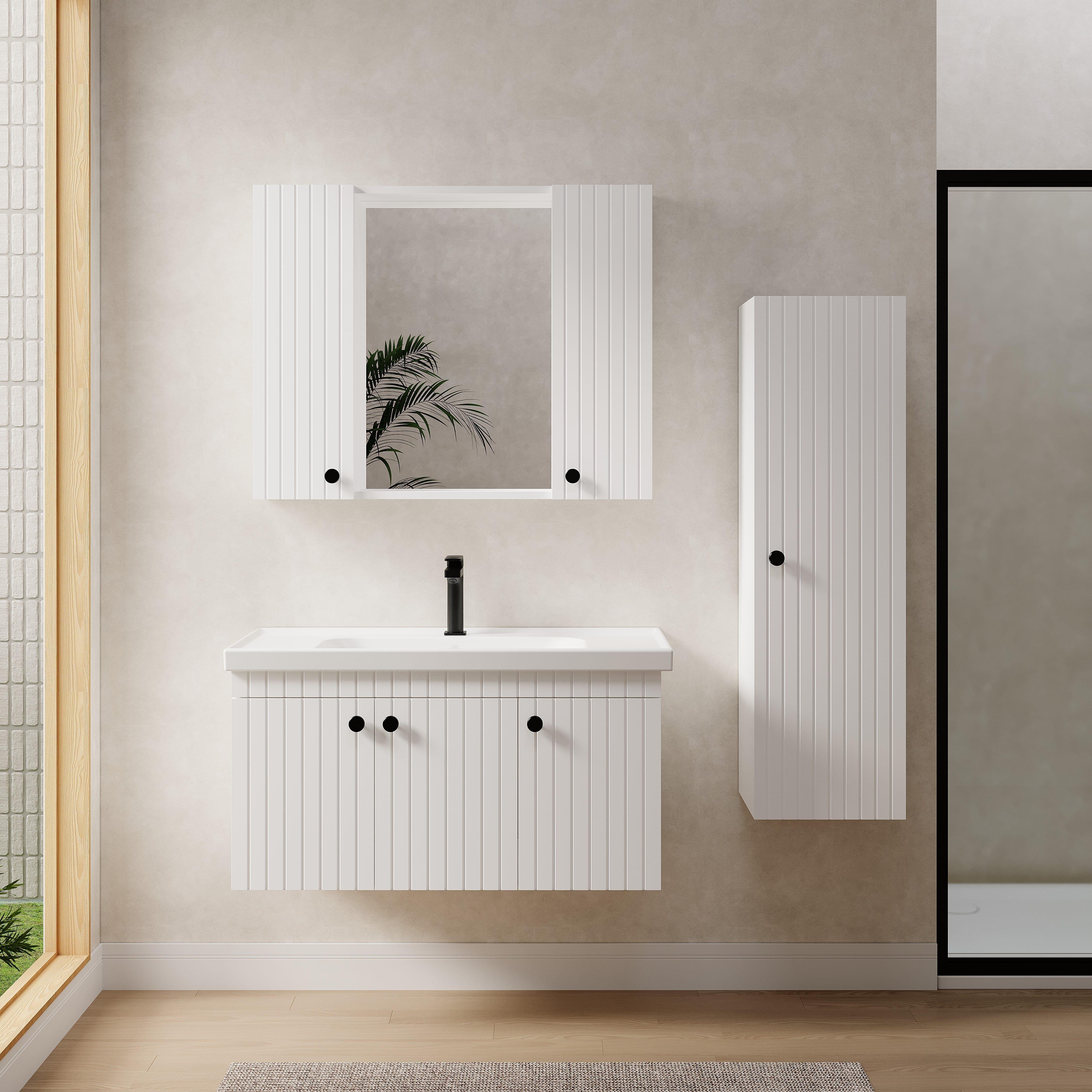 Denko Bodur 100 cm MDF Beyaz Banyo Dolabı Takımı ve Boy Dolabı