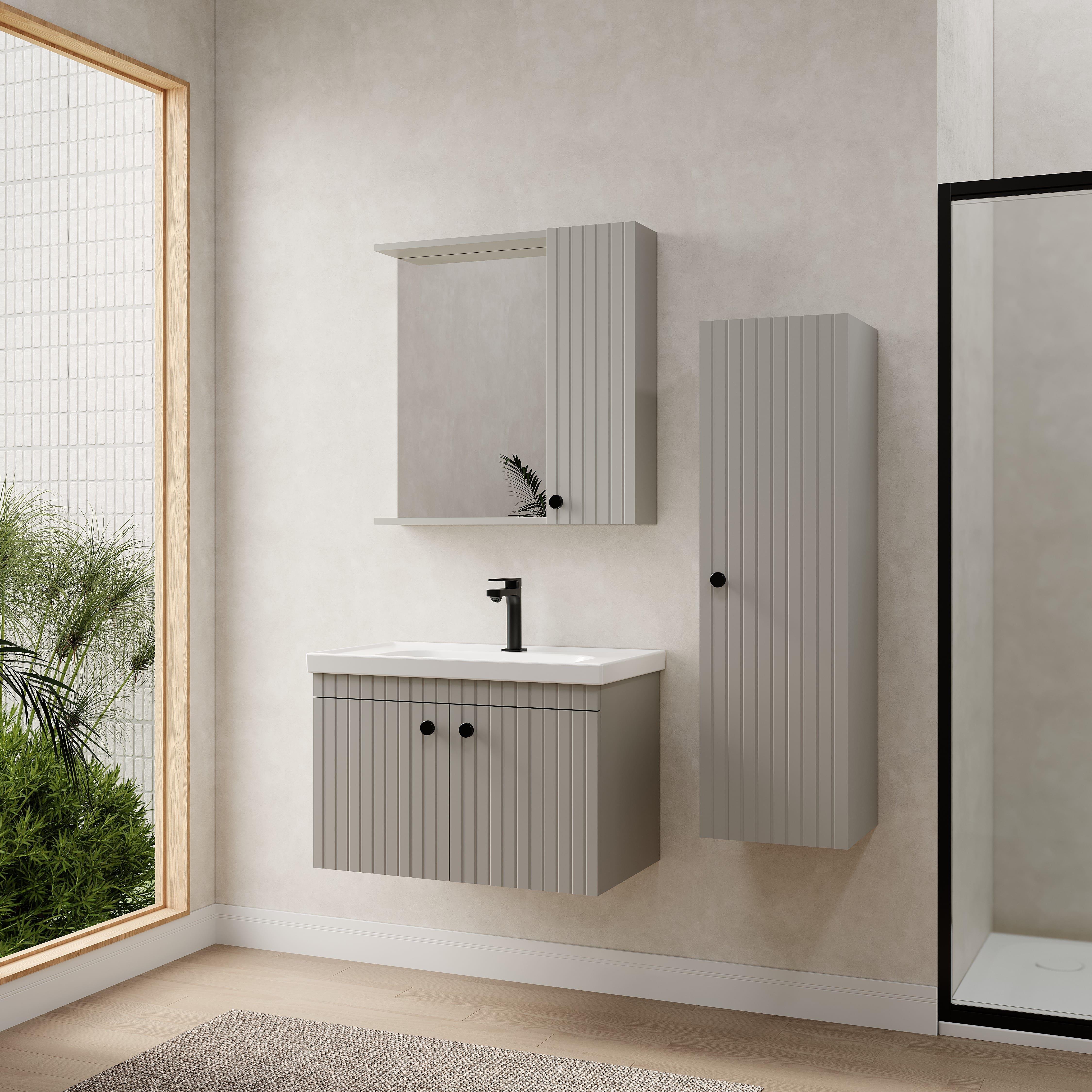 Denko Bodur 80 cm MDF Kül Gri Banyo Dolabı Takımı ve Boy Dolabı