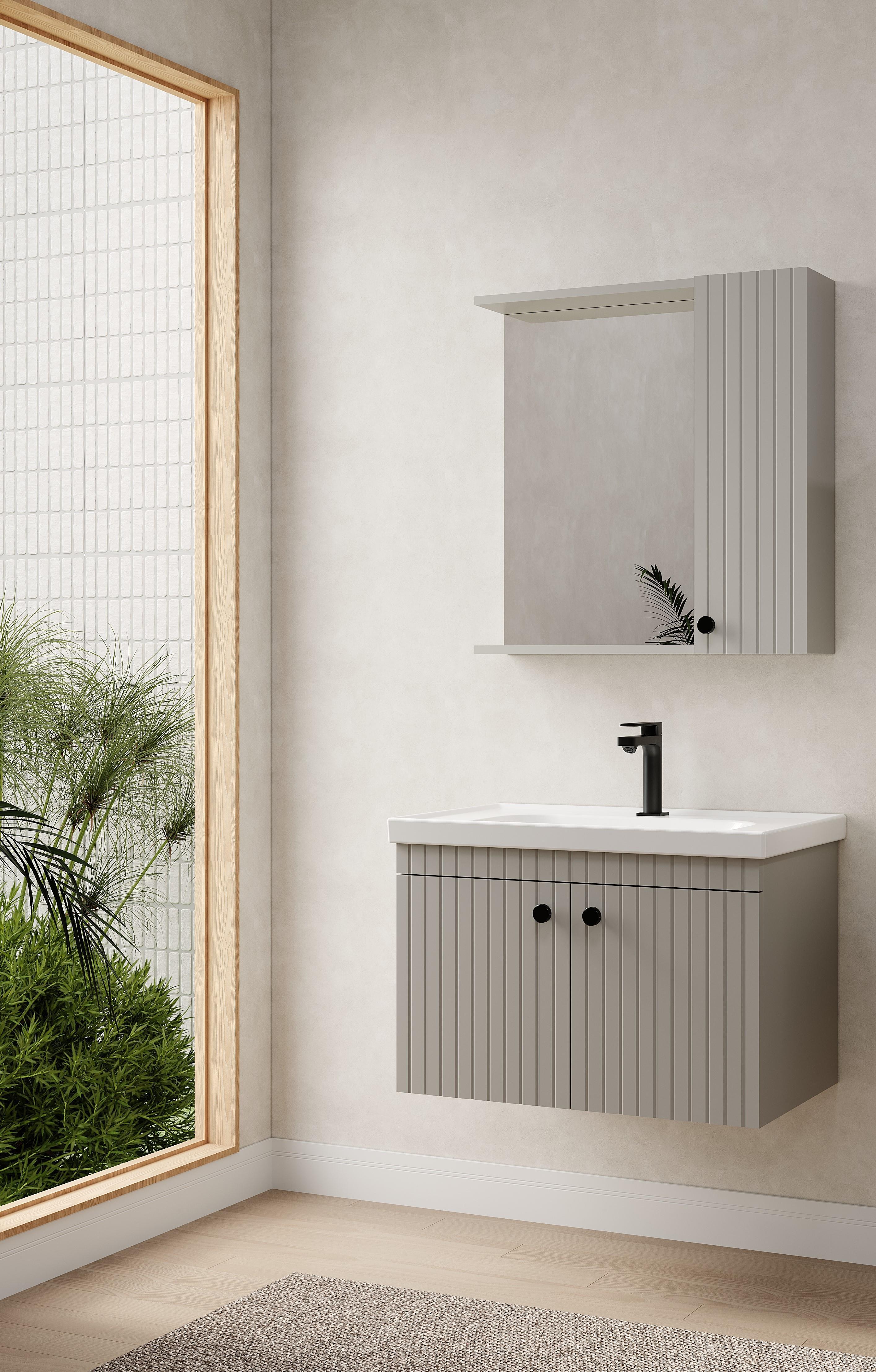 Denko Bodur 80 cm MDF Kül Gri Banyo Dolabı Takımı