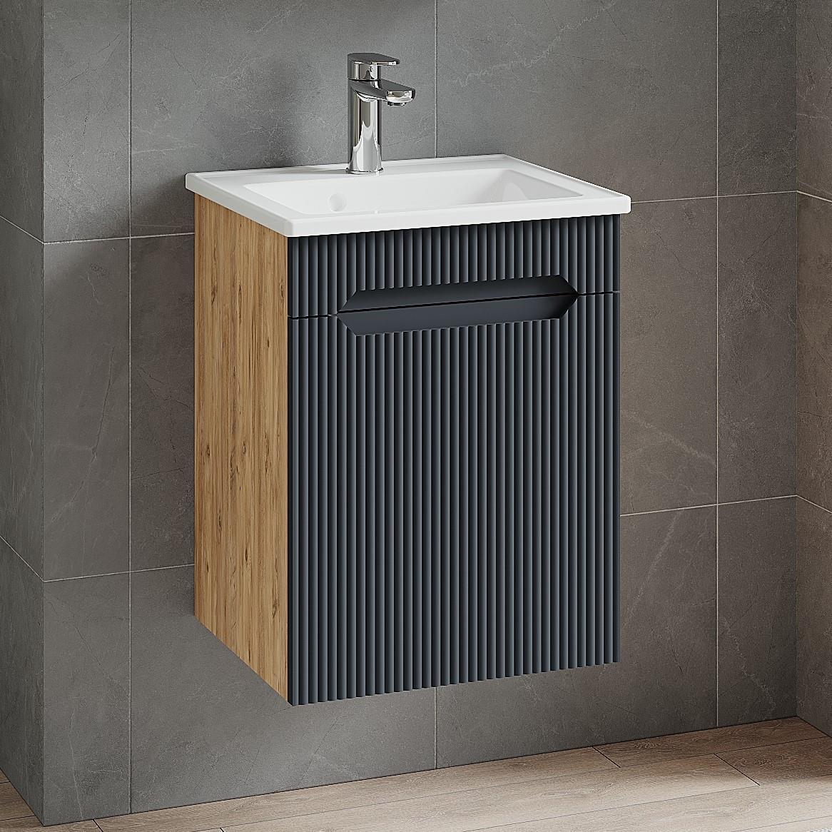 Denko Demood 45 cm MDF Antrasit Gri Banyo Dolabı Alt Modül ve Seramik Lavabo