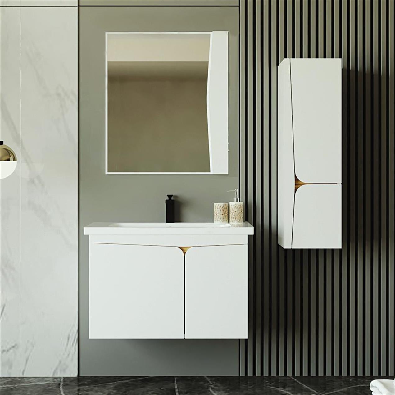 Denko Erel 85 cm MDF Beyaz Banyo Dolabı Takımı ve Boy Dolabı