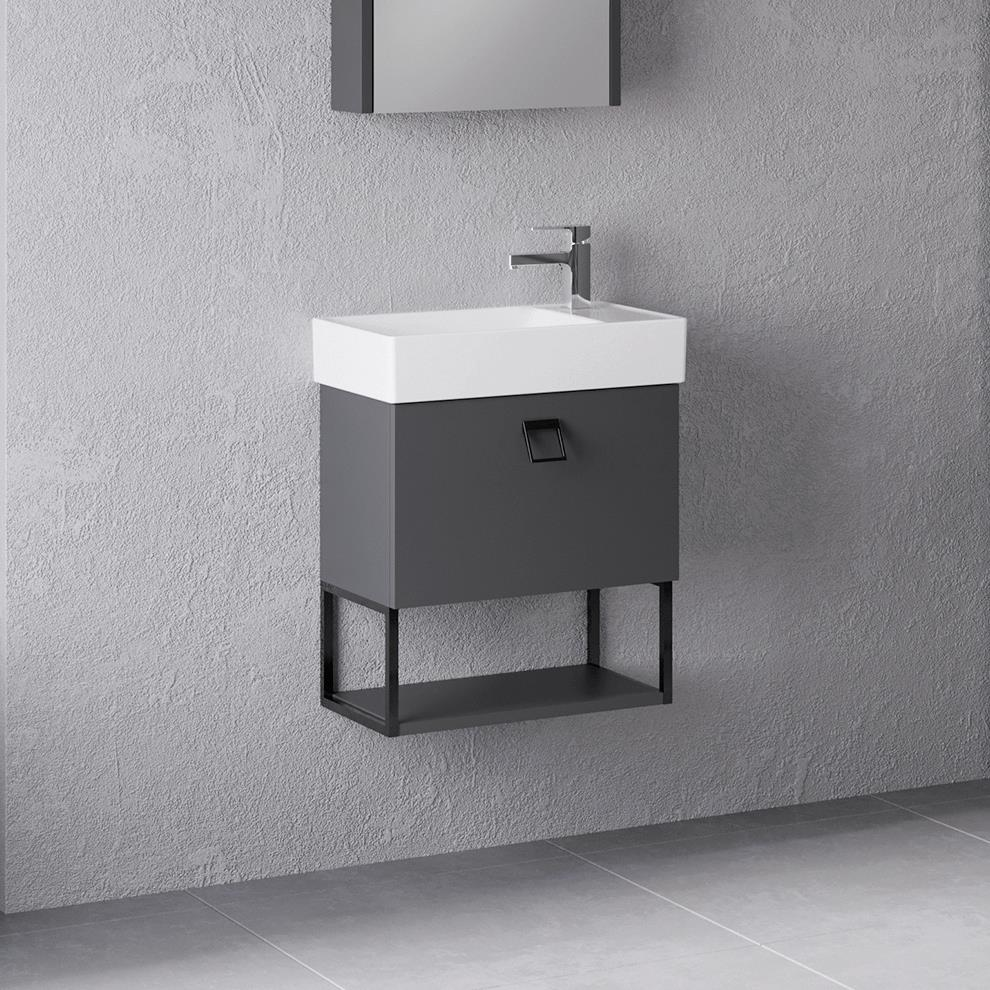 Denko Gloria 50 cm MDF Antrasit Gri Banyo Dolabı Alt Modül ve Seramik Lavabo