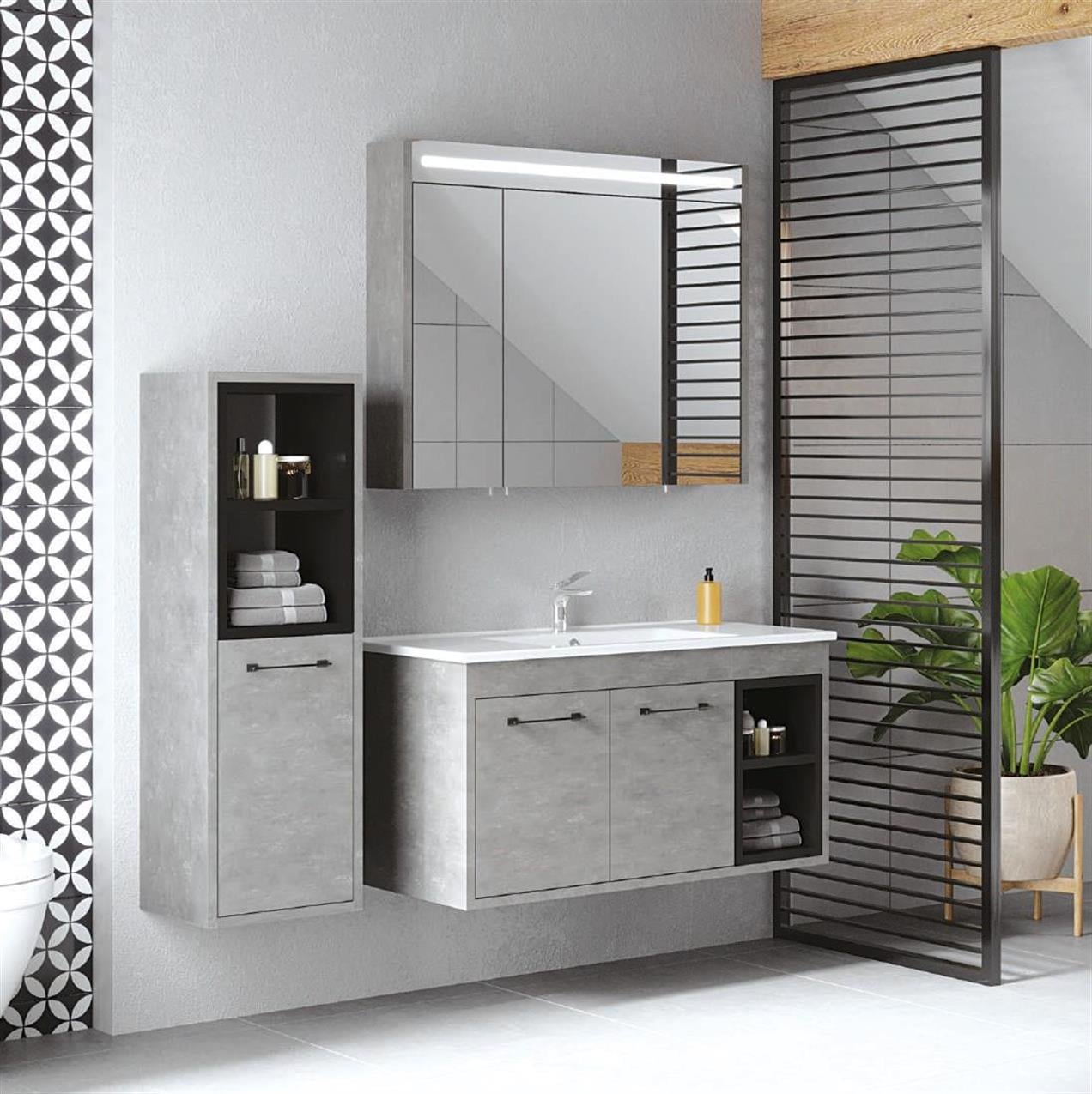 Denko Latte 100 cm MDF Retro Gümüş Banyo Dolabı Takımı ve Boy Dolabı