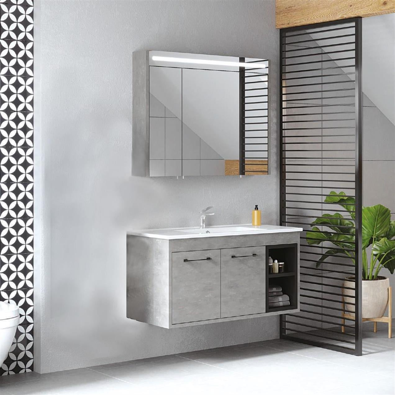 Denko Latte 100 cm MDF Retro Gümüş Banyo Dolabı Takımı