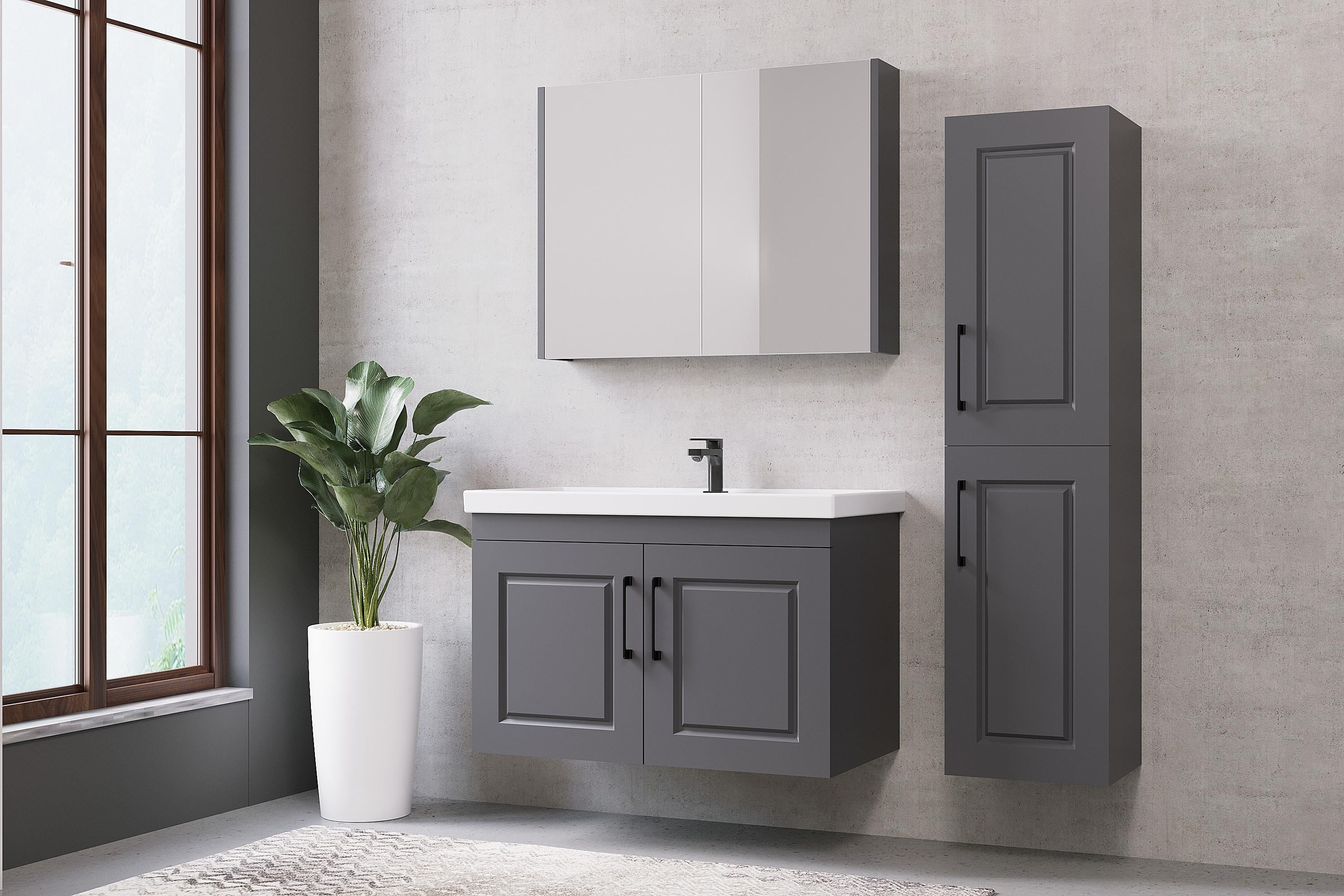 Denko Royal 90 cm Antrasit Gri Banyo Dolabı Takımı ve Boy Dolabı