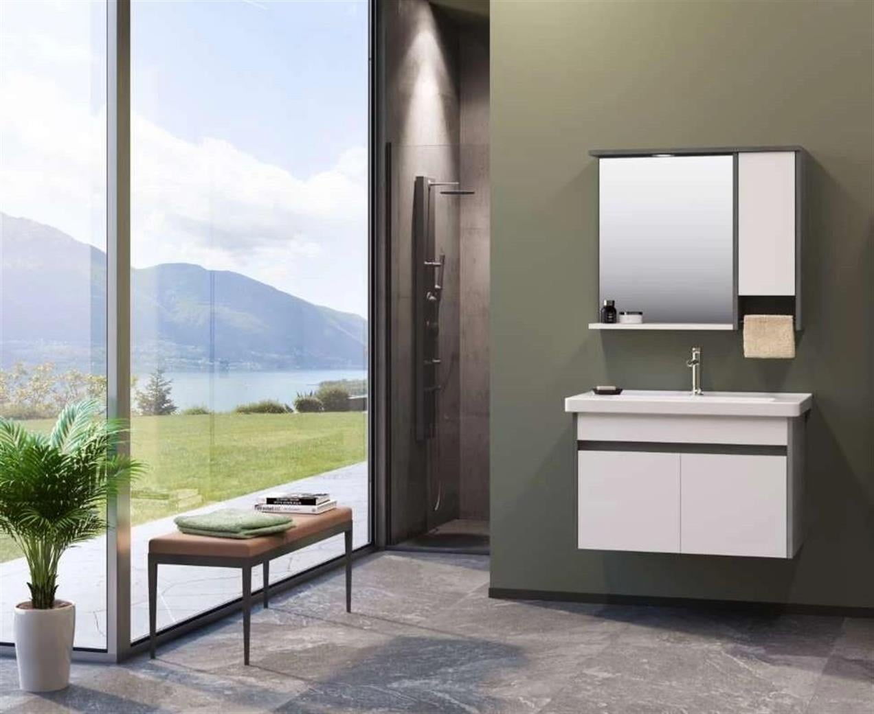 Orka Aydos 85 cm MDF Retro Gümüş/Beyaz Banyo Dolabı Takımı