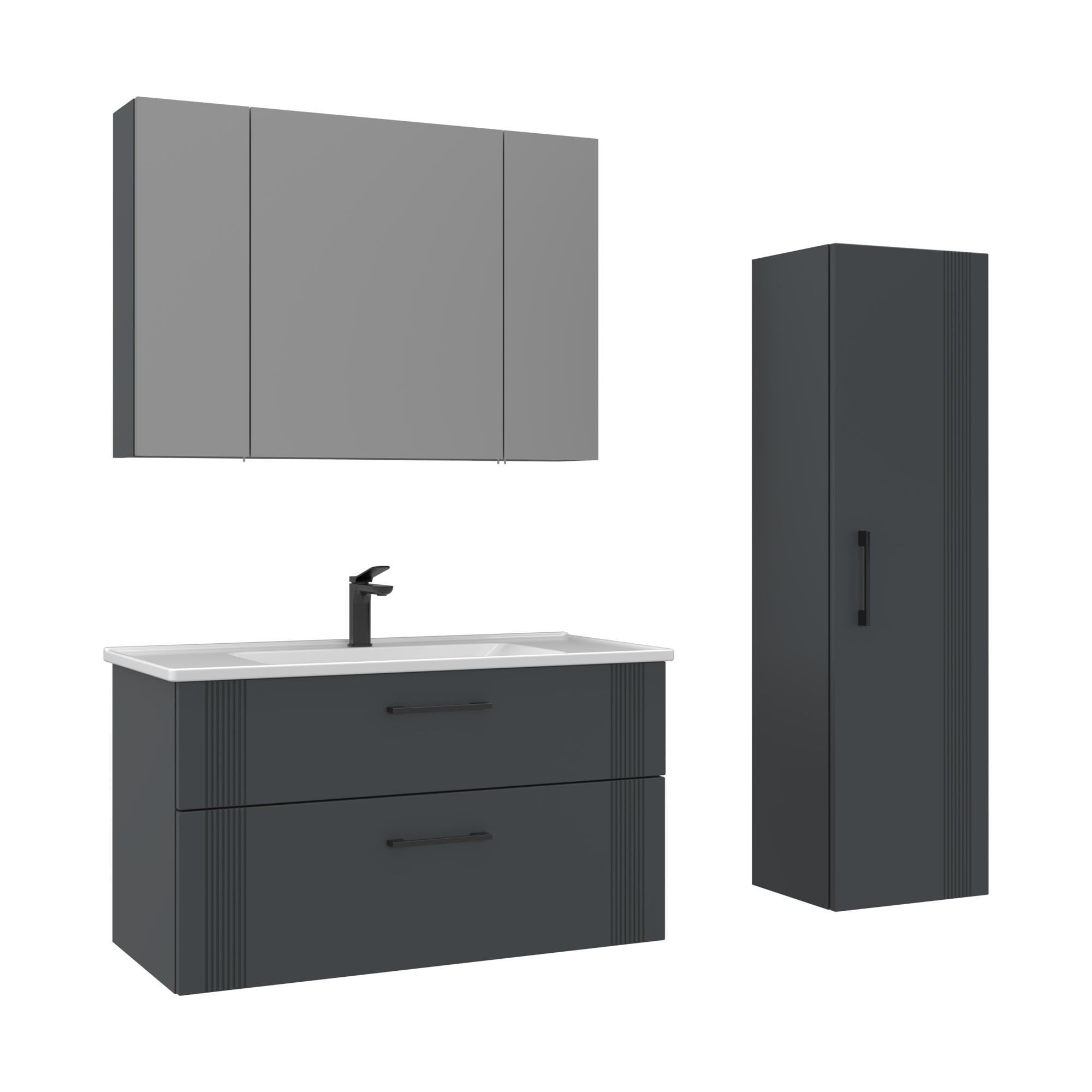 Orka Bari 100 cm Mat Antrasit Banyo Dolabı Takımı ve Boy Dolabı