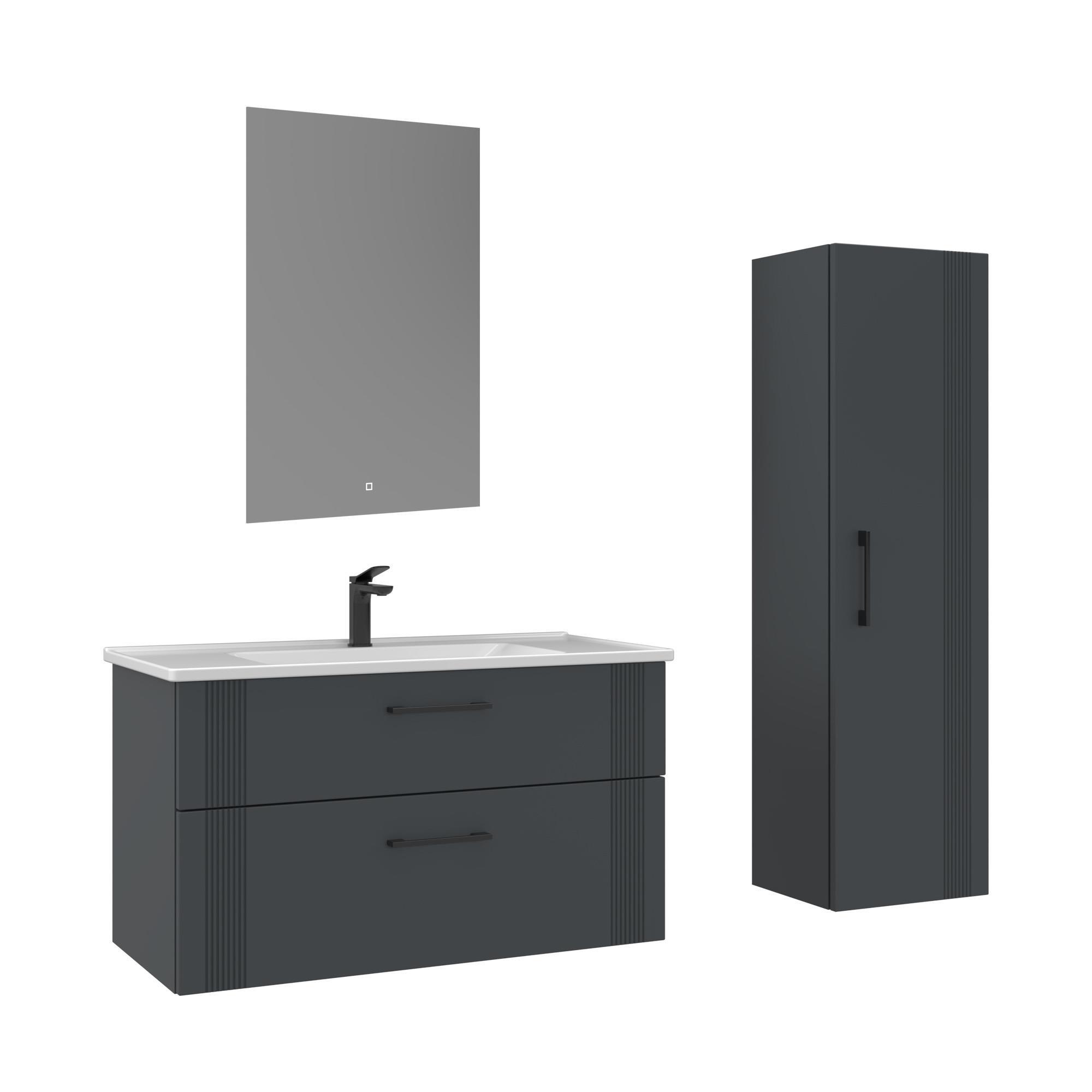 Orka Bari 100 cm Mat Antrasit LED'li Aynalı Banyo Dolabı Takımı ve Boy Dolabı