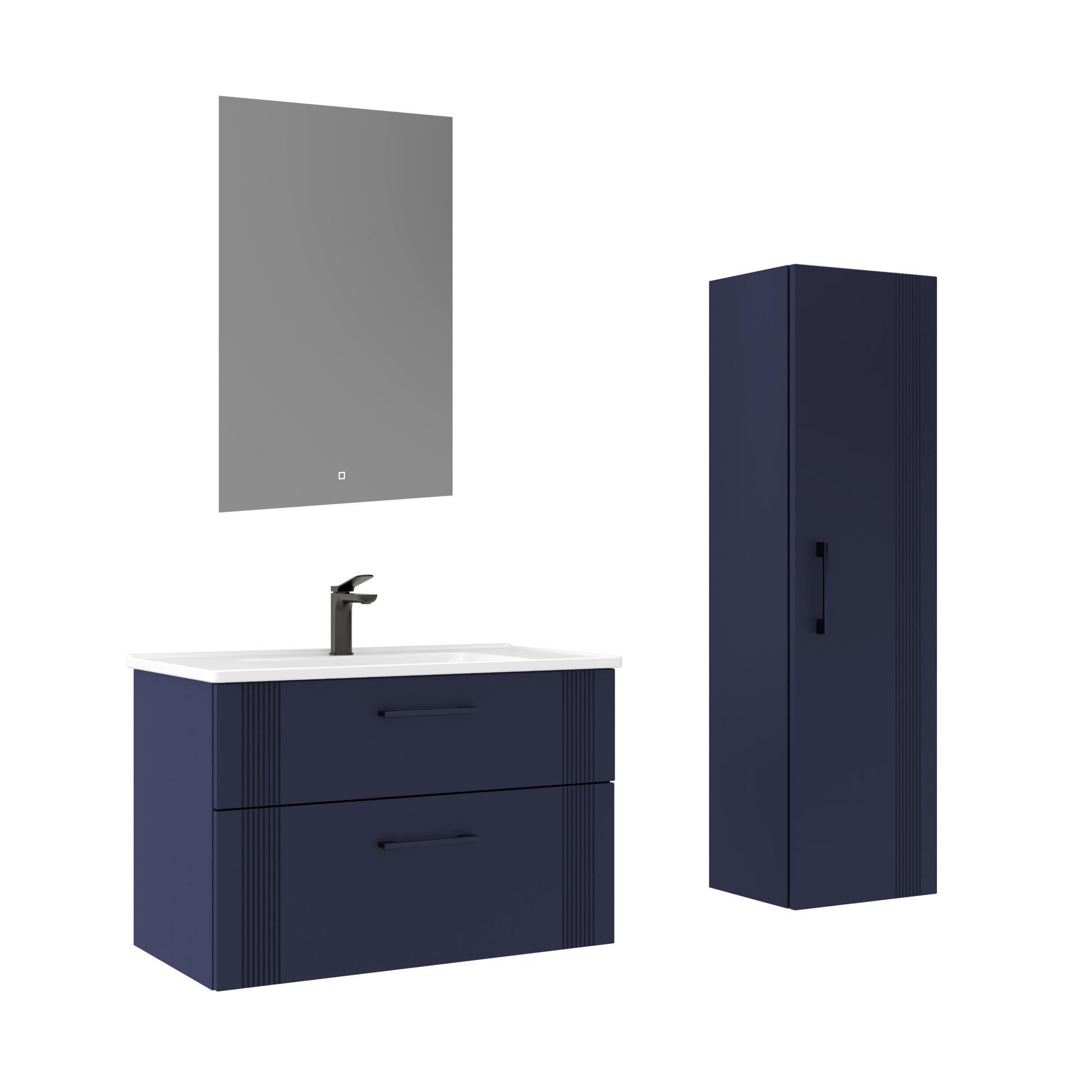 Orka Bari 85 cm Mat Lacivert LED'li Aynalı Banyo Dolabı Takımı ve Boy Dolabı