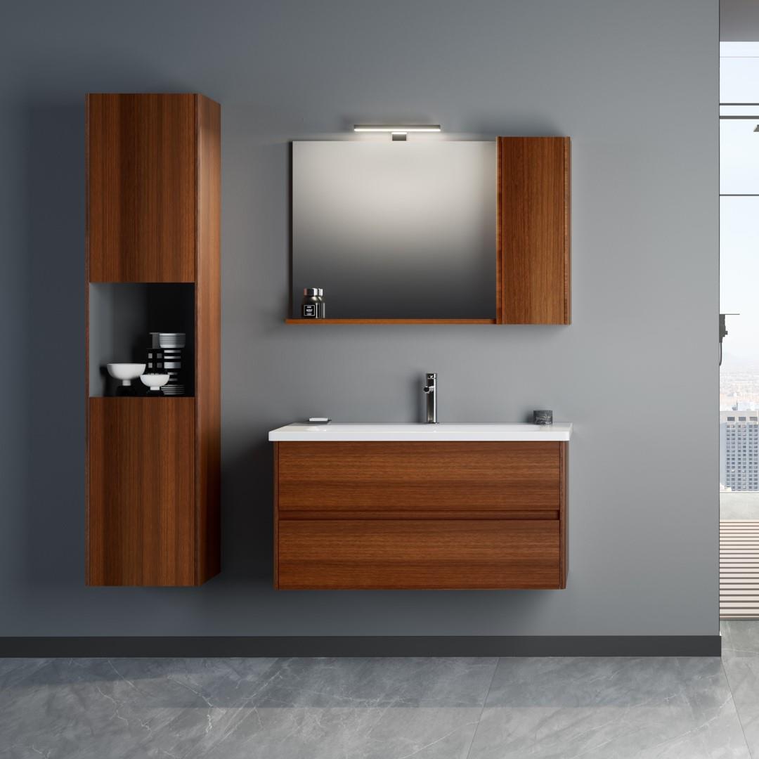 Orka Düden 100 cm MDF Çekmeceli Kızıl Ceviz Banyo Dolabı Takımı ve Boy Dolabı