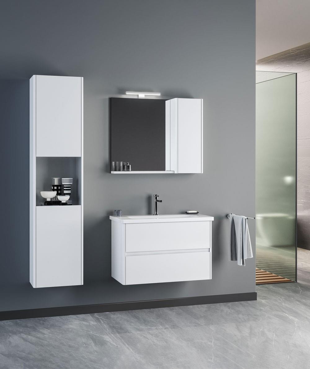 Orka Düden 80 cm MDF Çekmeceli Beyaz Banyo Dolabı Takımı ve Boy Dolabı