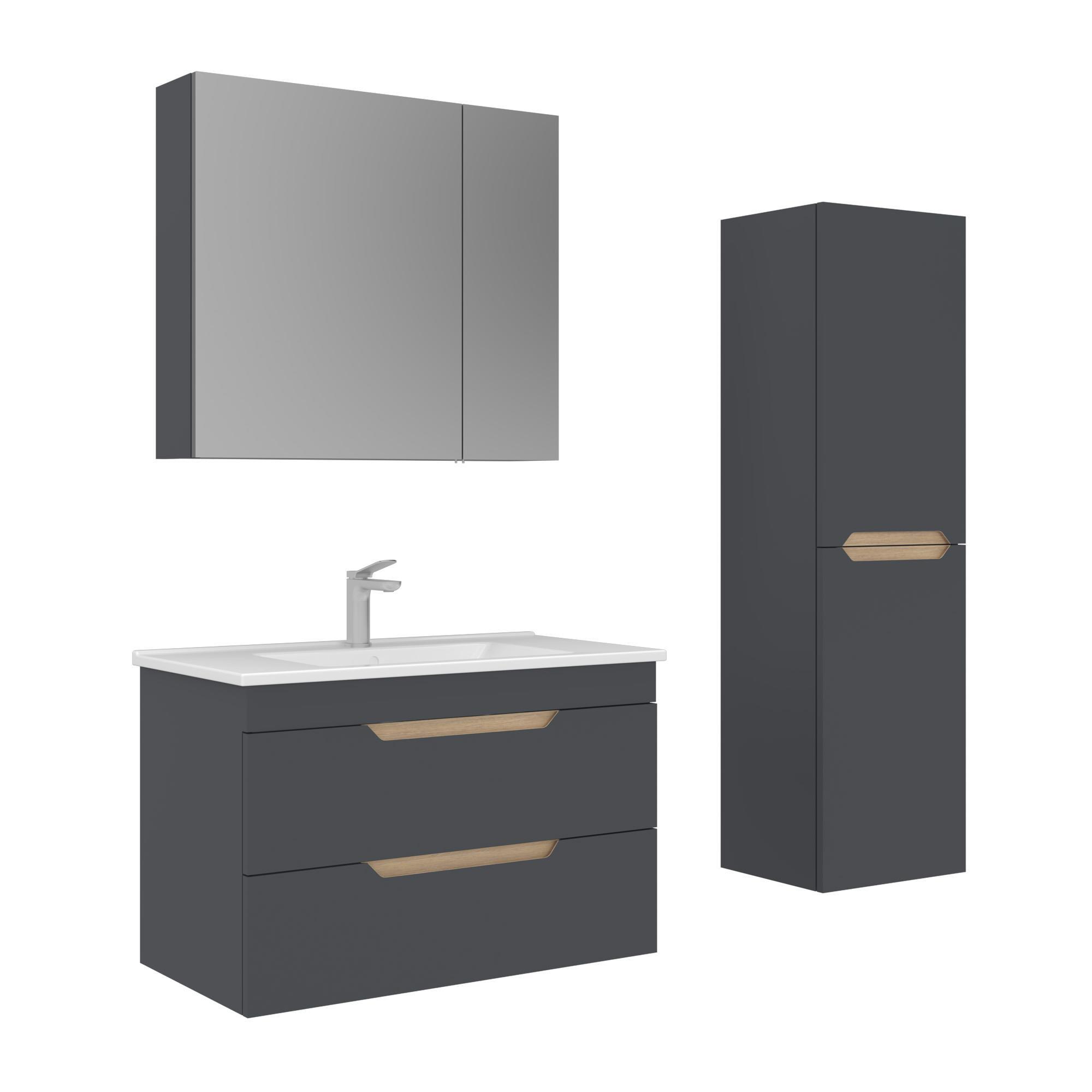 Orka Lena 85 cm Mat Antrasit Çekmeceli  Banyo Dolabı Takımı ve Boy Dolabı