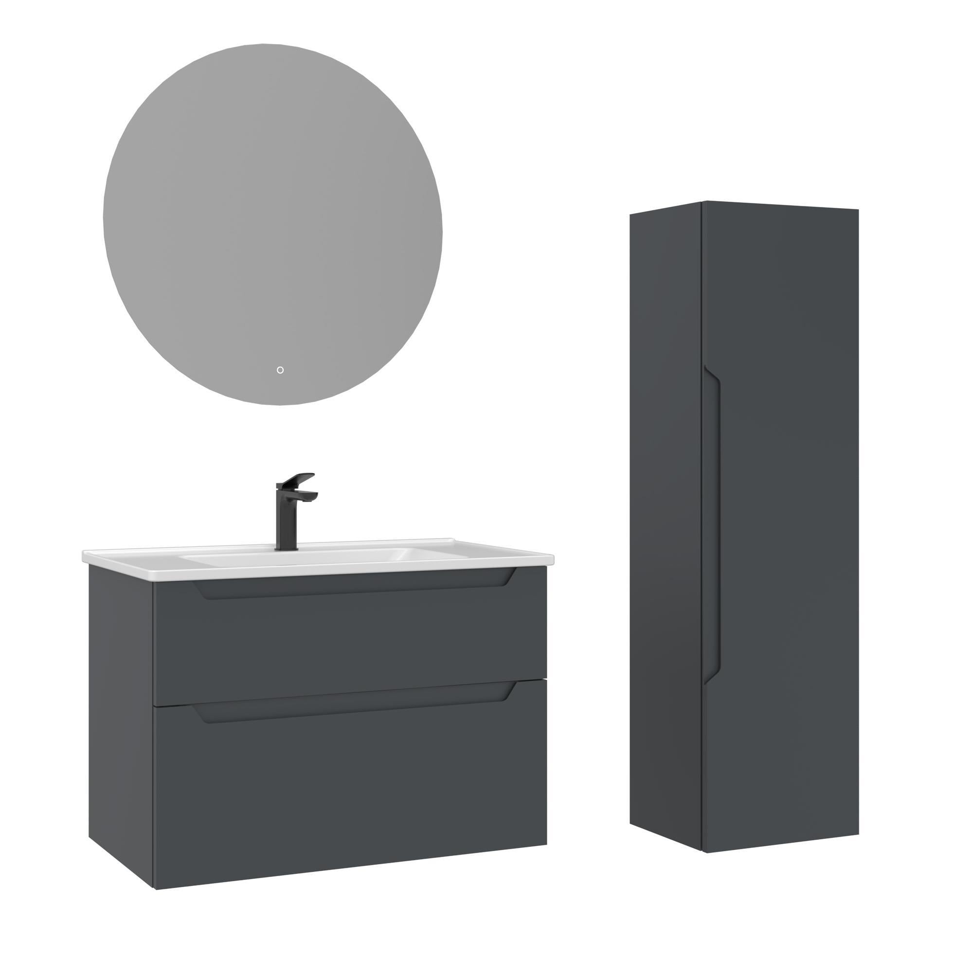 Orka Messina 85 cm Mat Antrasit LED Banyo Dolabı Takımı ve Boy Dolabı