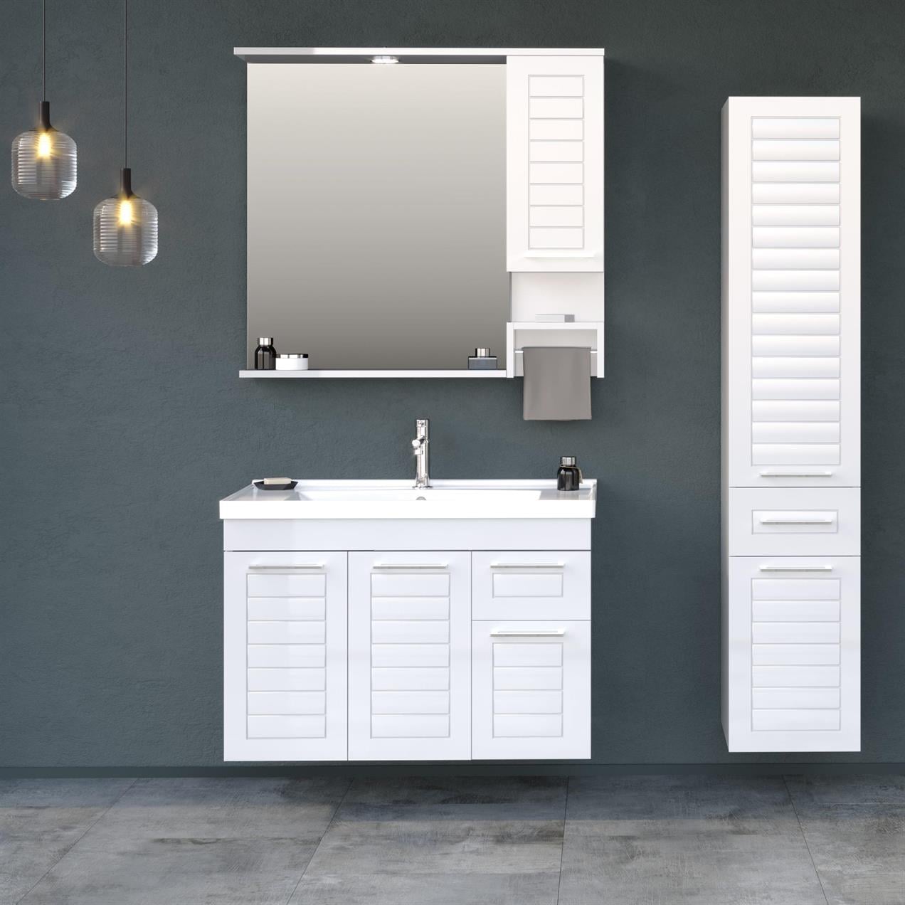 Orka Perge 100 cm MDF Beyaz Banyo Dolabı Takımı ve Sepetli Boy Dolabı