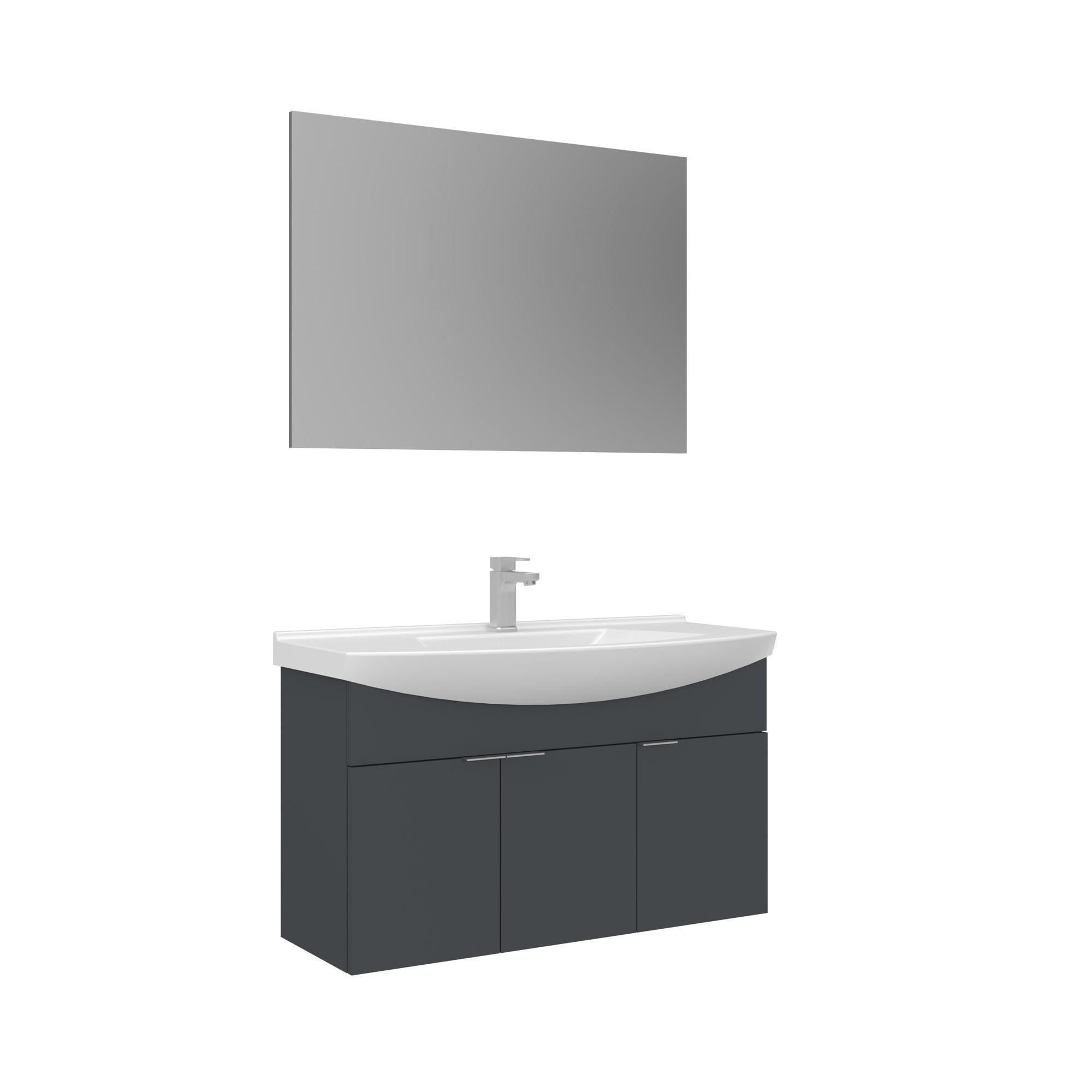 Orka Purus 100 cm Mat Antrasit Düz Aynalı Banyo Dolabı Takımı (Asma)
