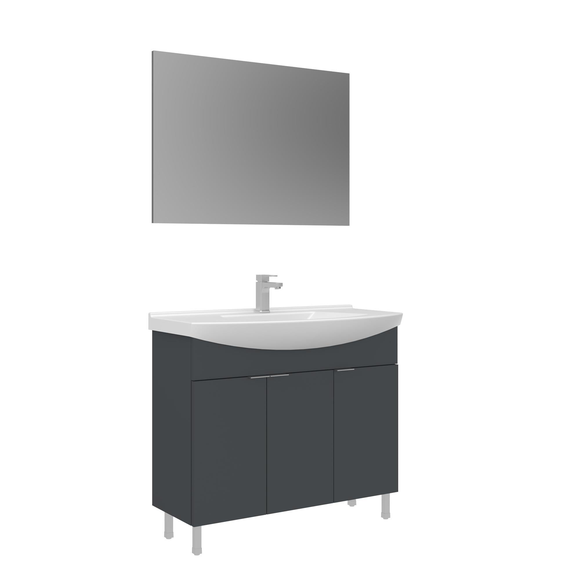 Orka Purus 100 cm Mat Antrasit Düz Aynalı Banyo Dolabı Takımı (Ayaklı)